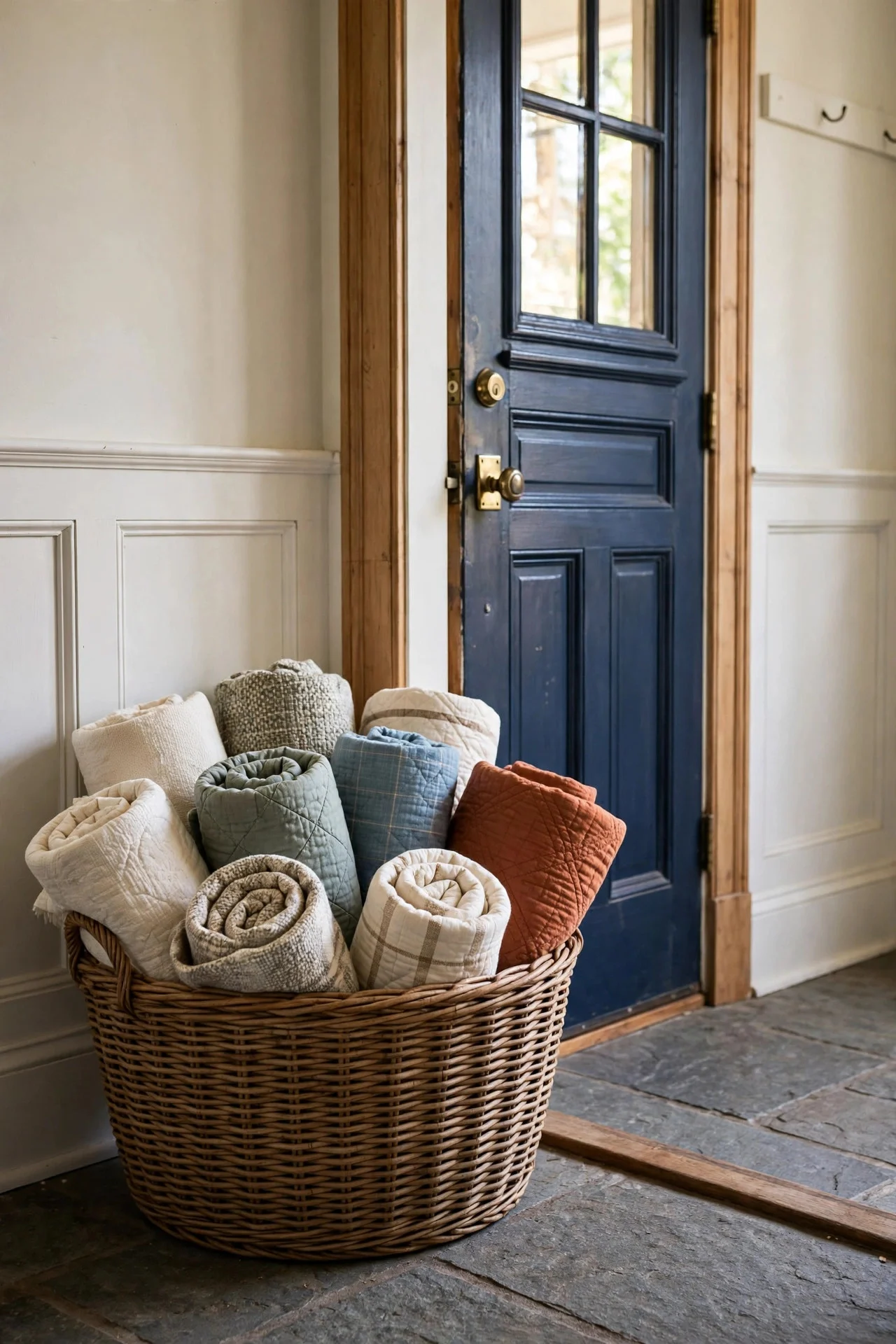 Basket of rolled blankets in an entryway