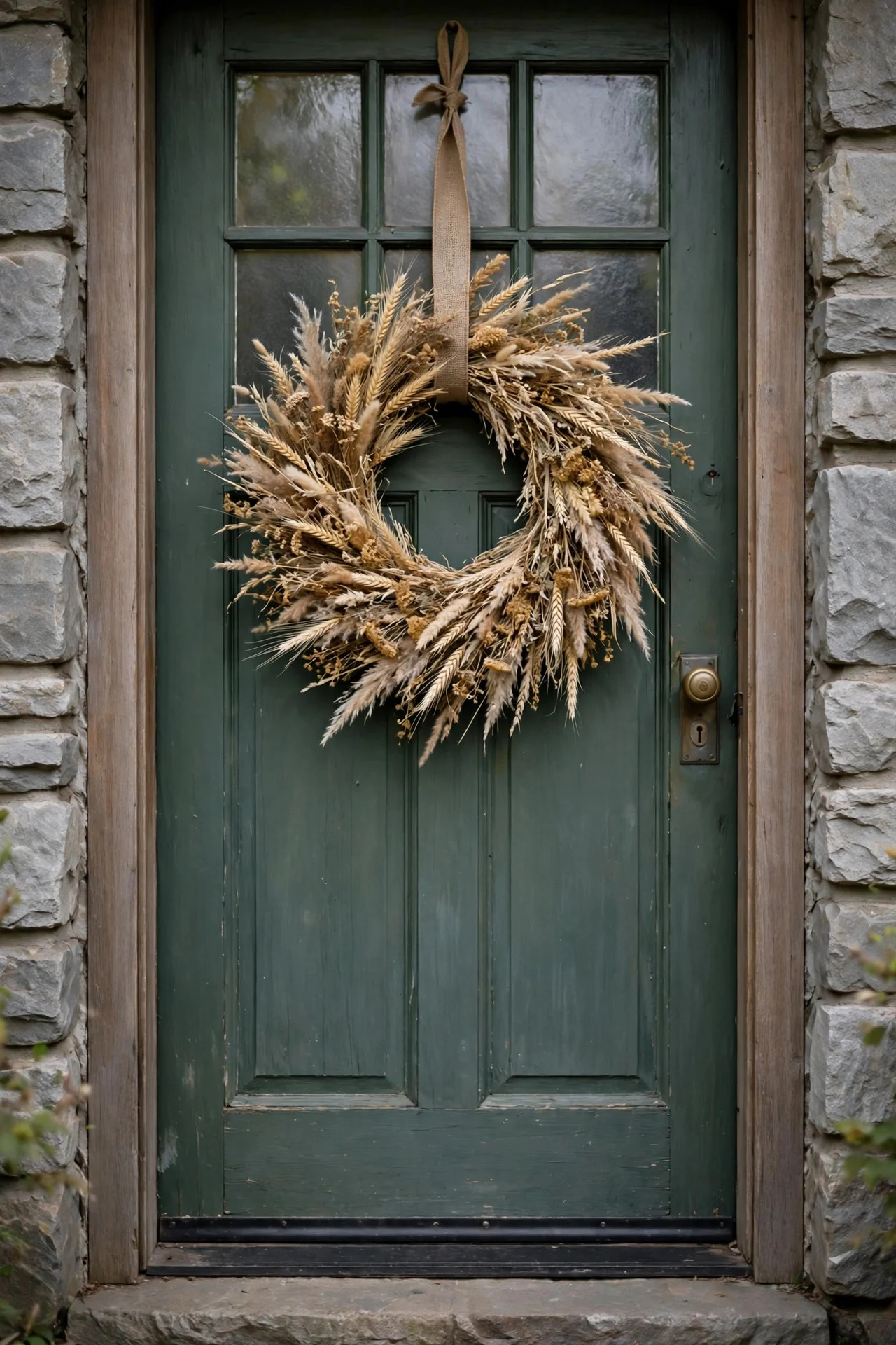 Dried-grass wreath on a front door