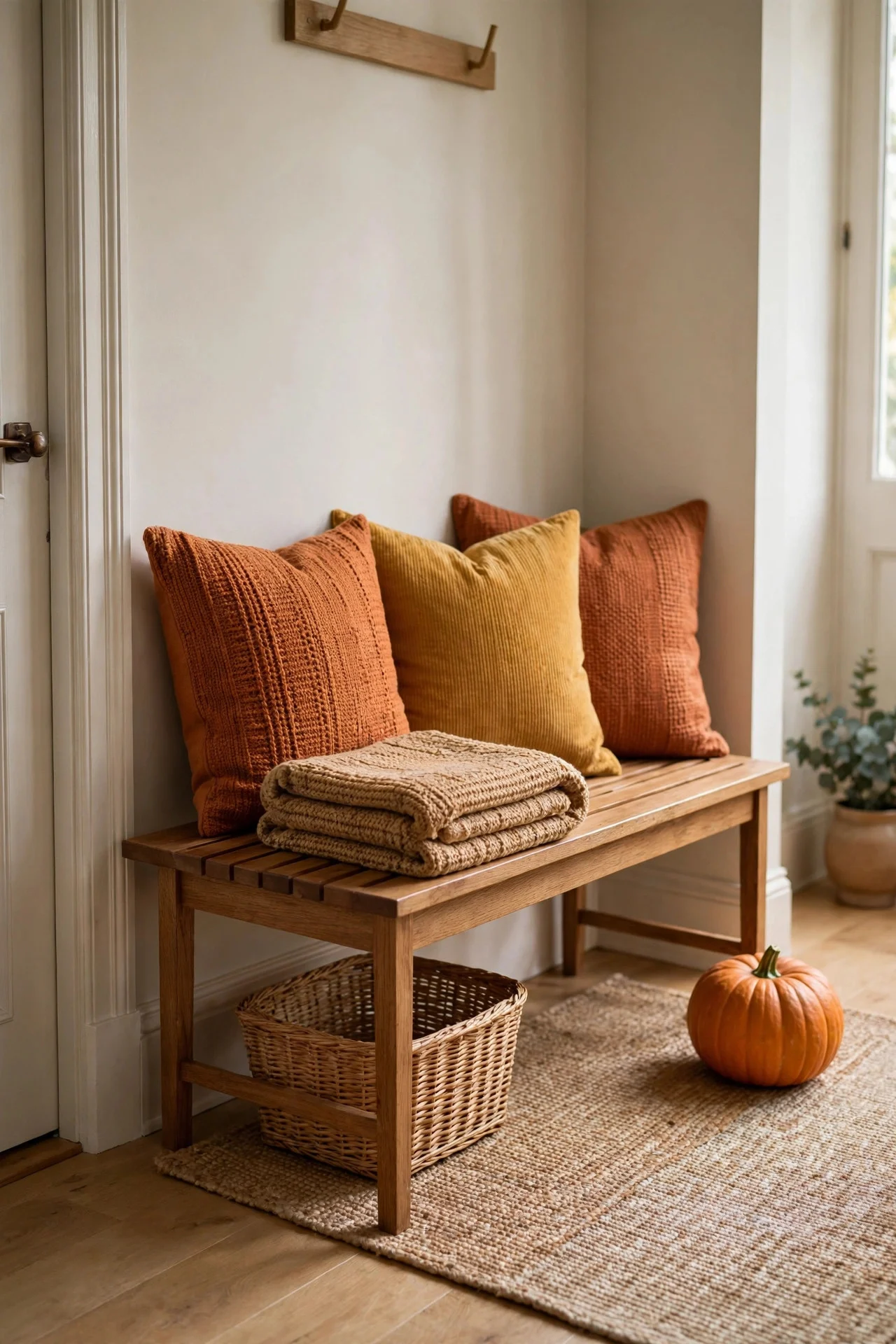 Styled entry bench with fall pillows