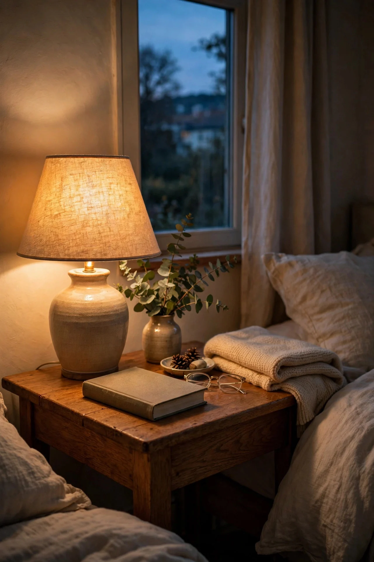Warm glow bedside lamp in a bedroom