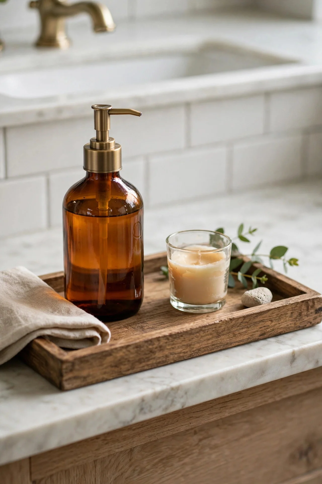 Amber soap dispenser and candle on a vanity