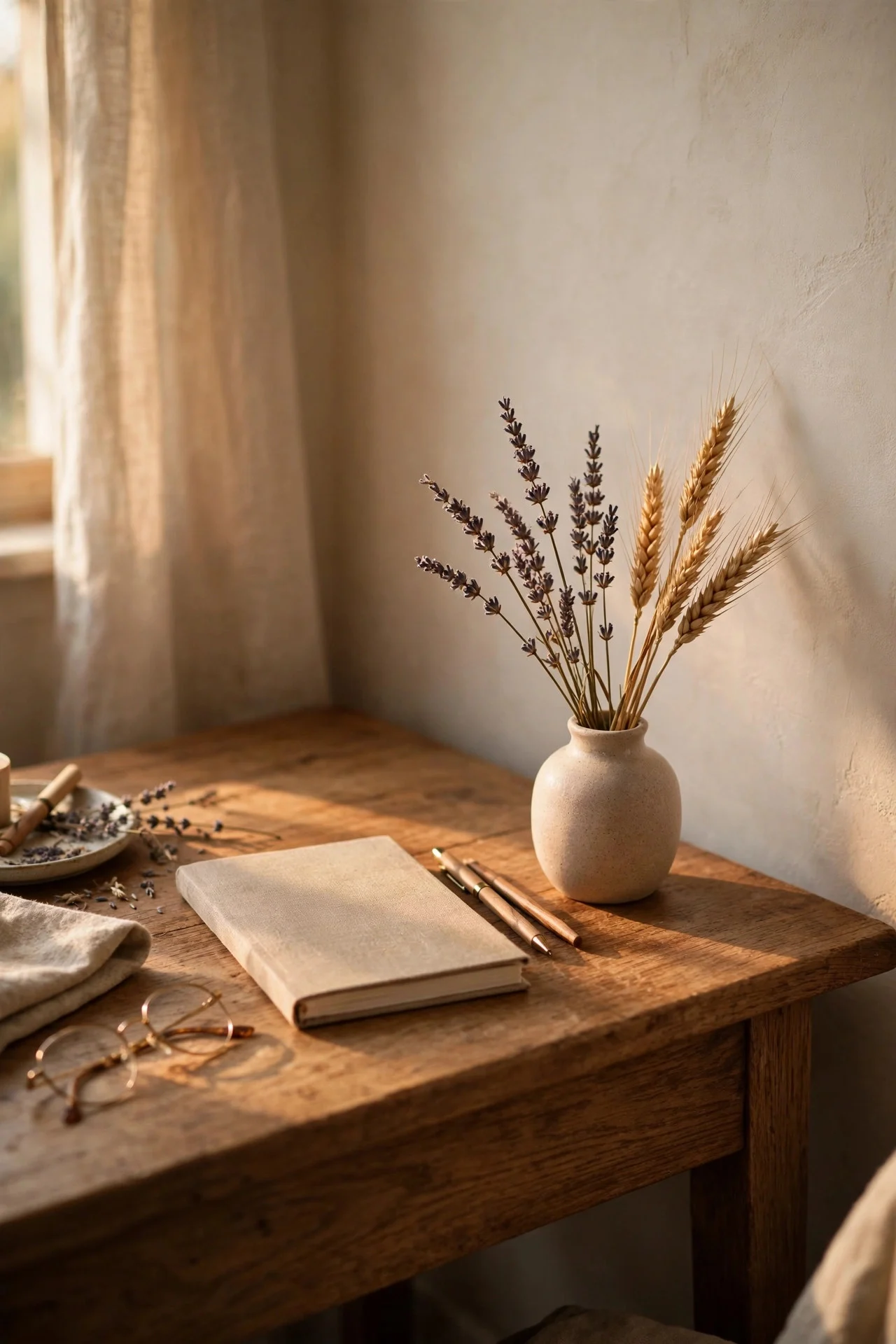 Dried flower arrangement on a desk