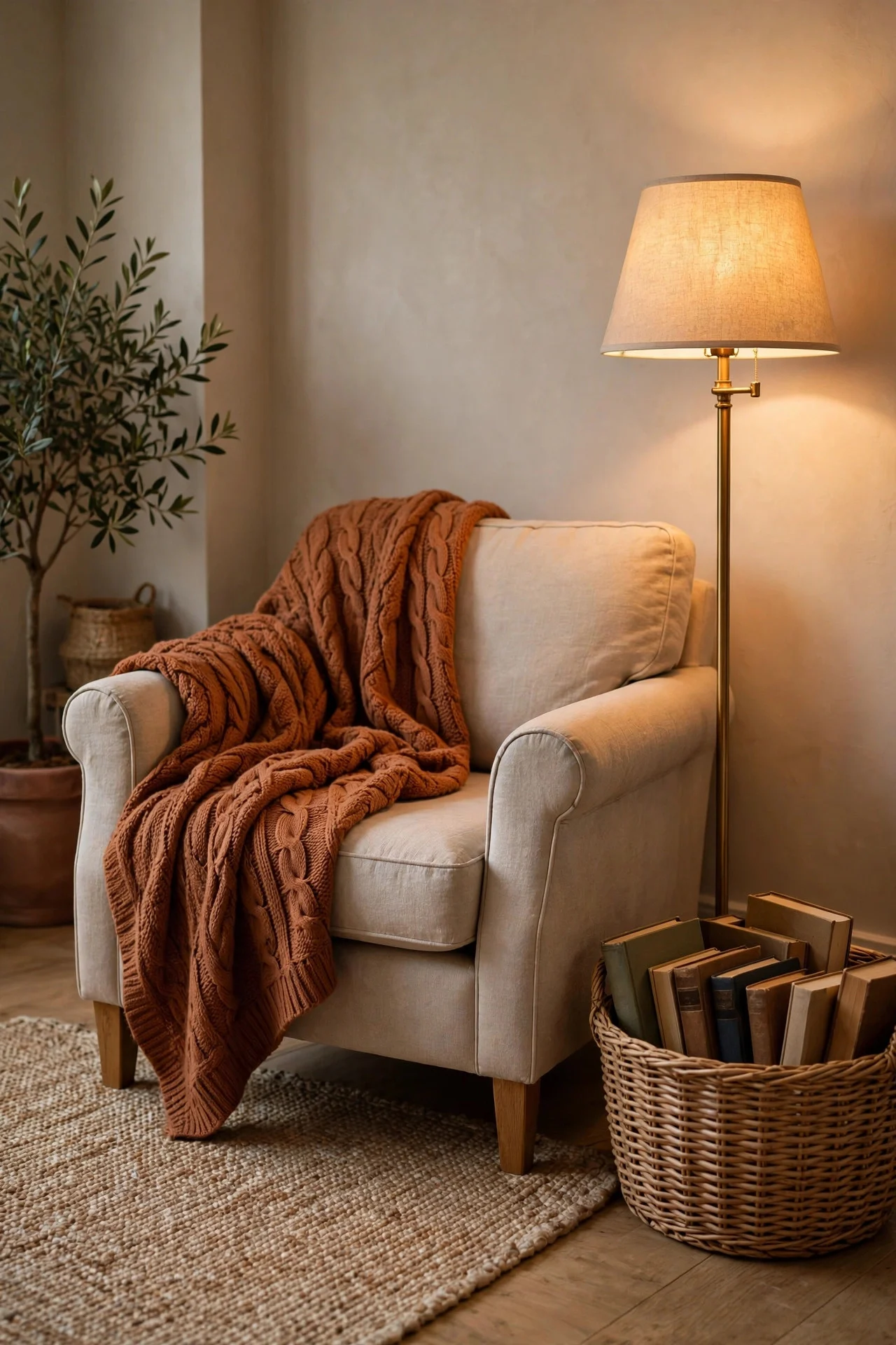 Reading corner with warm floor lamp