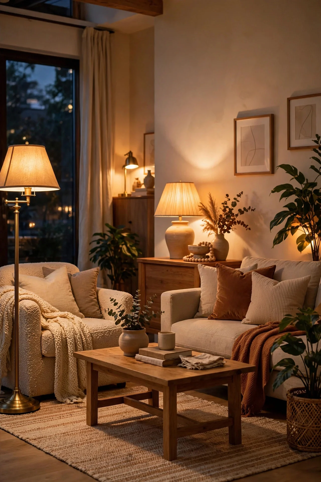 Warm bulb lighting glowing through a living room