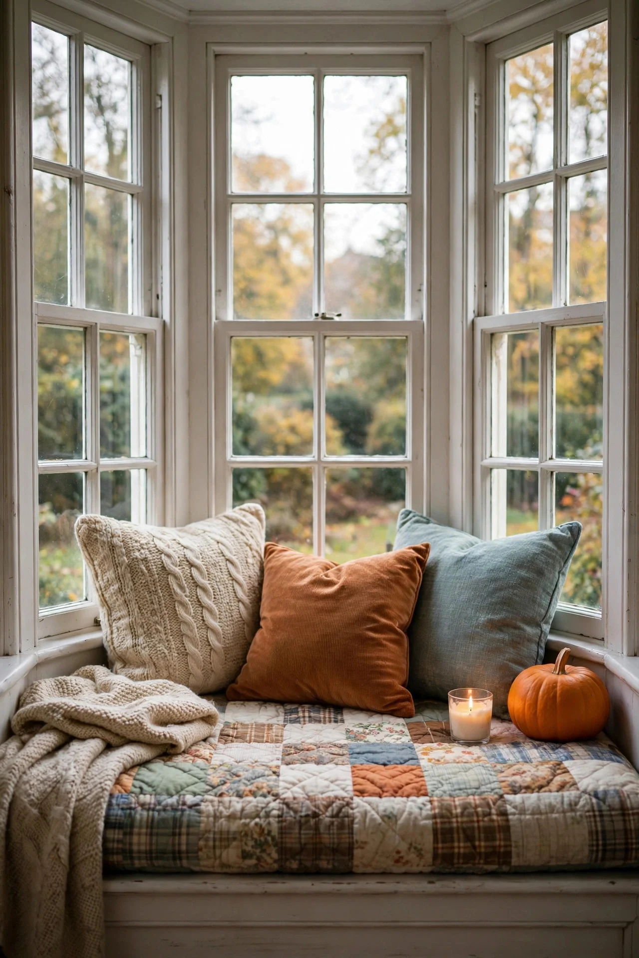 Fall reading nook on a windowsill