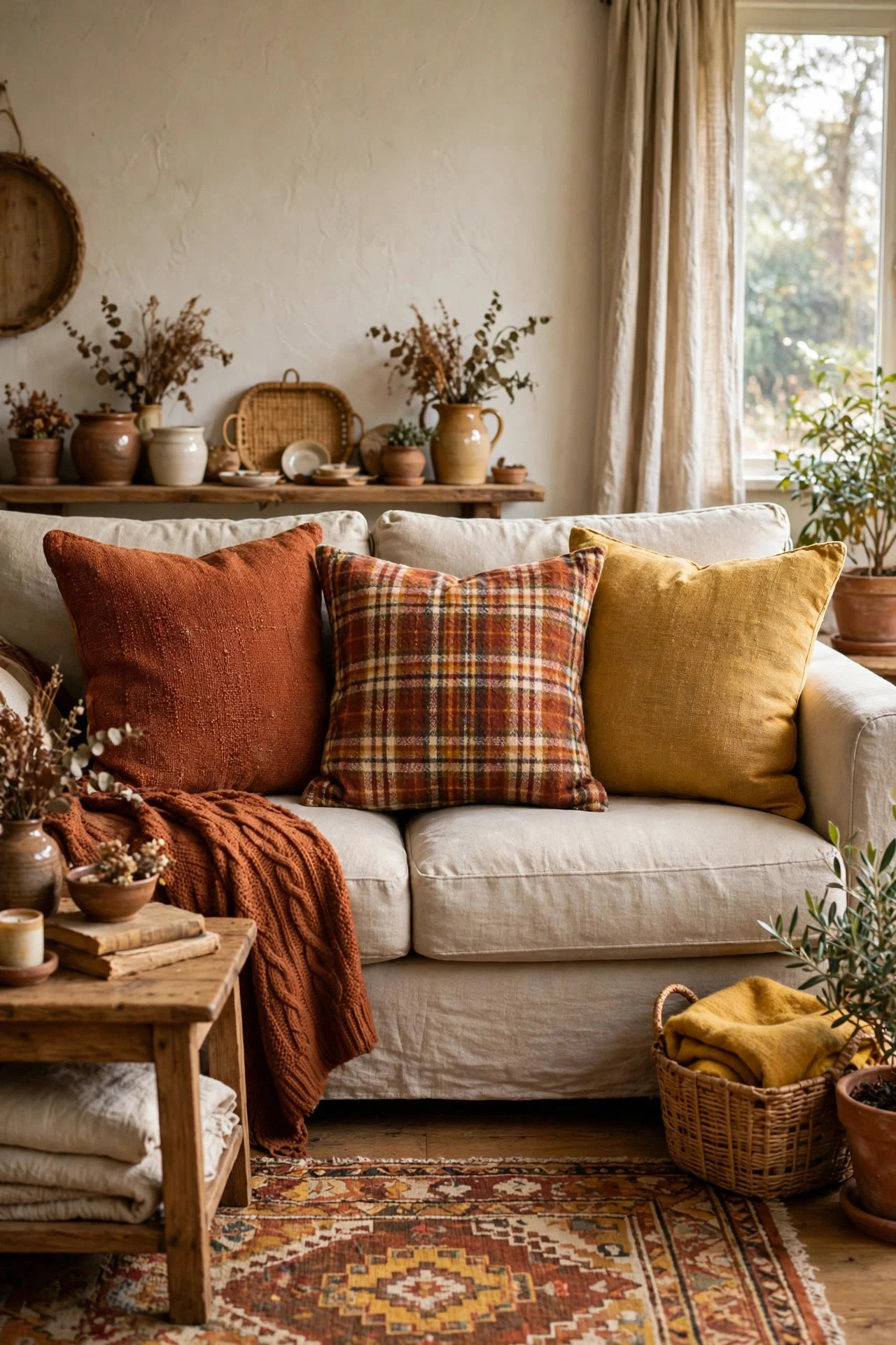 Thrifted seasonal pillow covers on a sofa