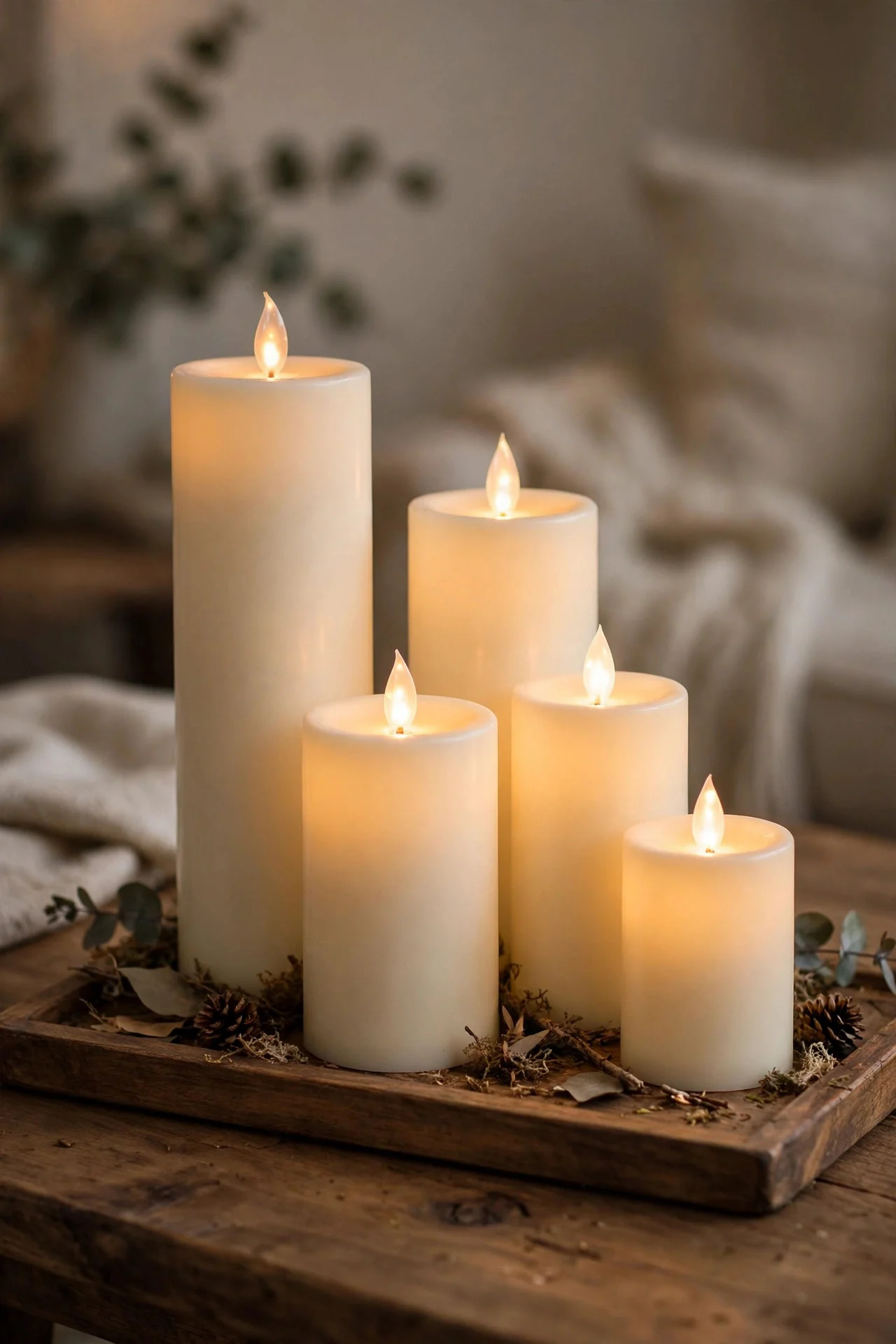 Dollar-store LED candle grouping on a tray