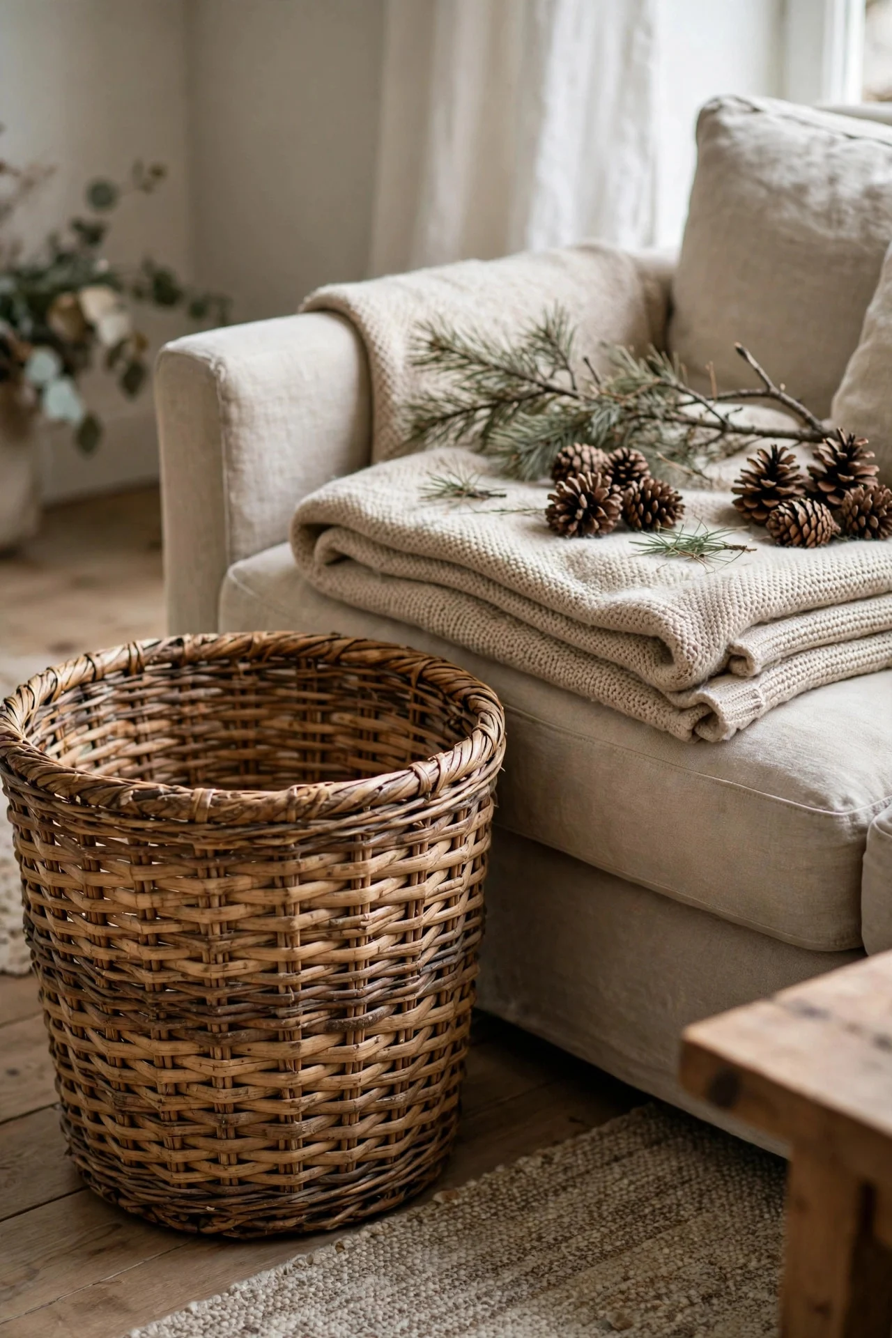 Thrifted basket vignette with throw and pinecones