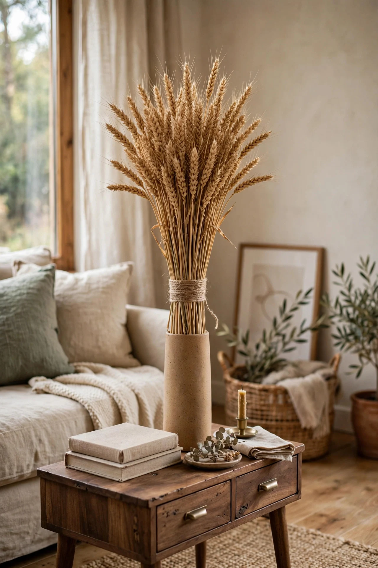 Grocery-store dried wheat arrangement in a vase