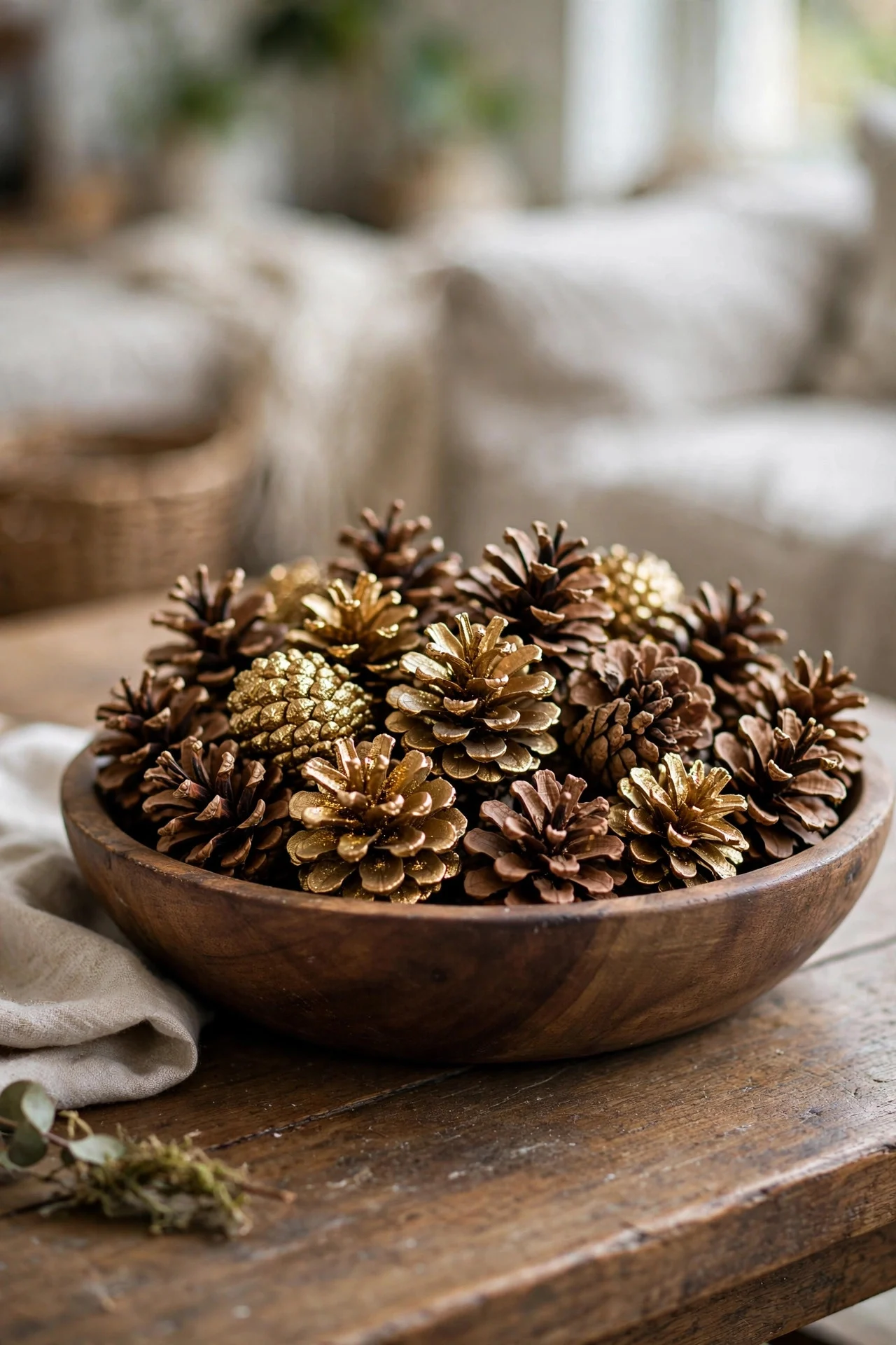 Spray-painted pinecone bowl on a coffee table