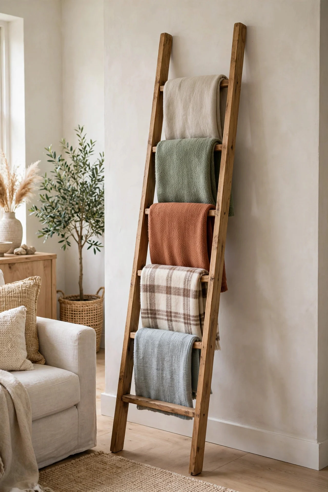 Blanket ladder styled with throws