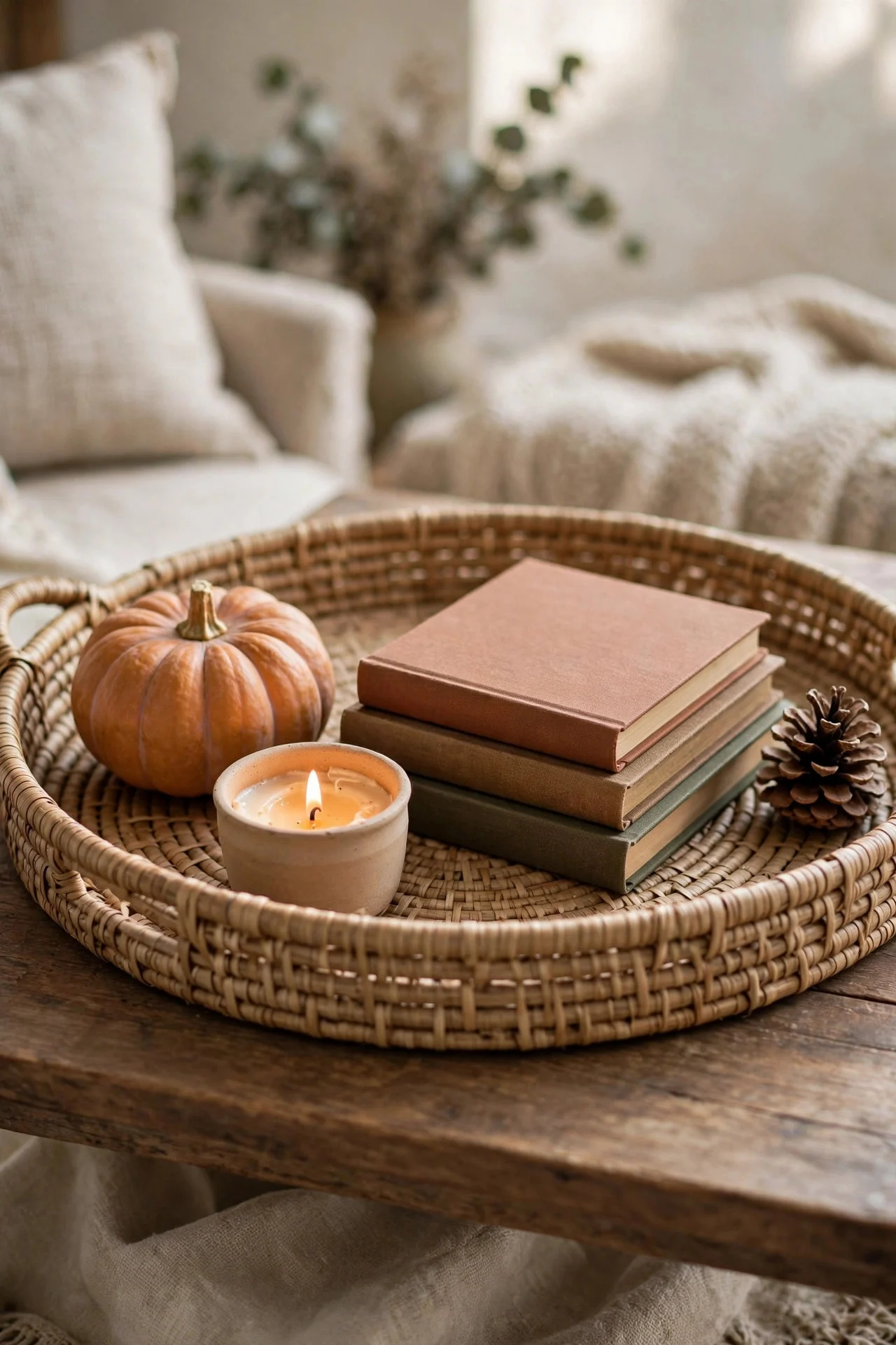 Woven tray centerpiece on a coffee table
