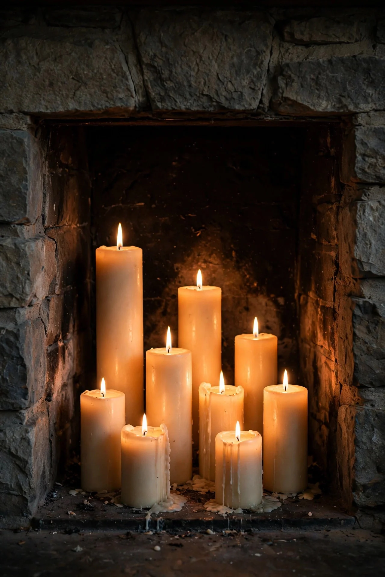 Candles glowing in an unused fireplace