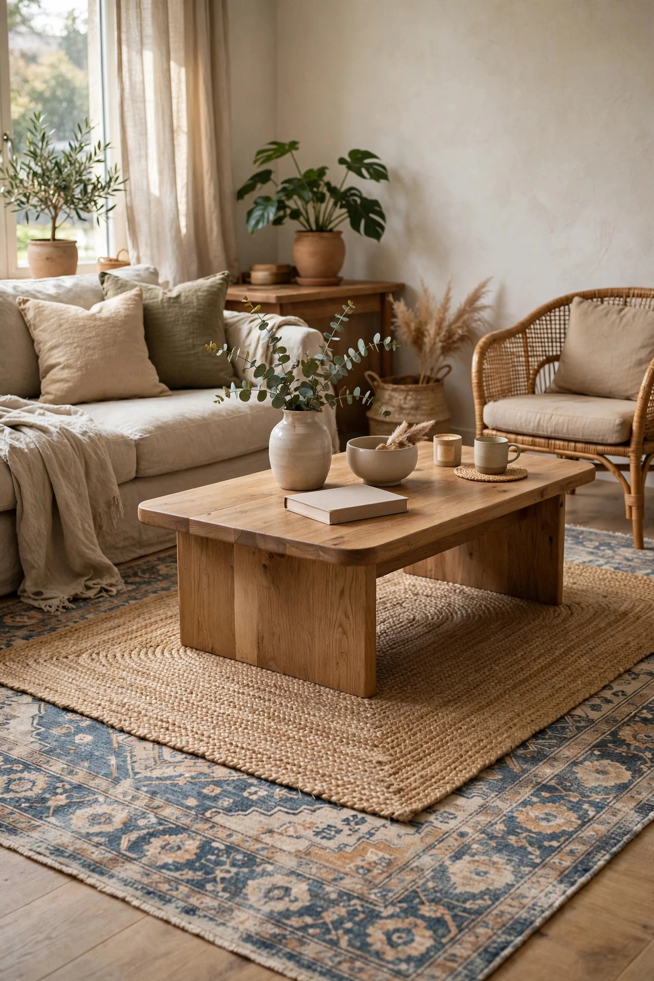 Jute rug layered over an area rug