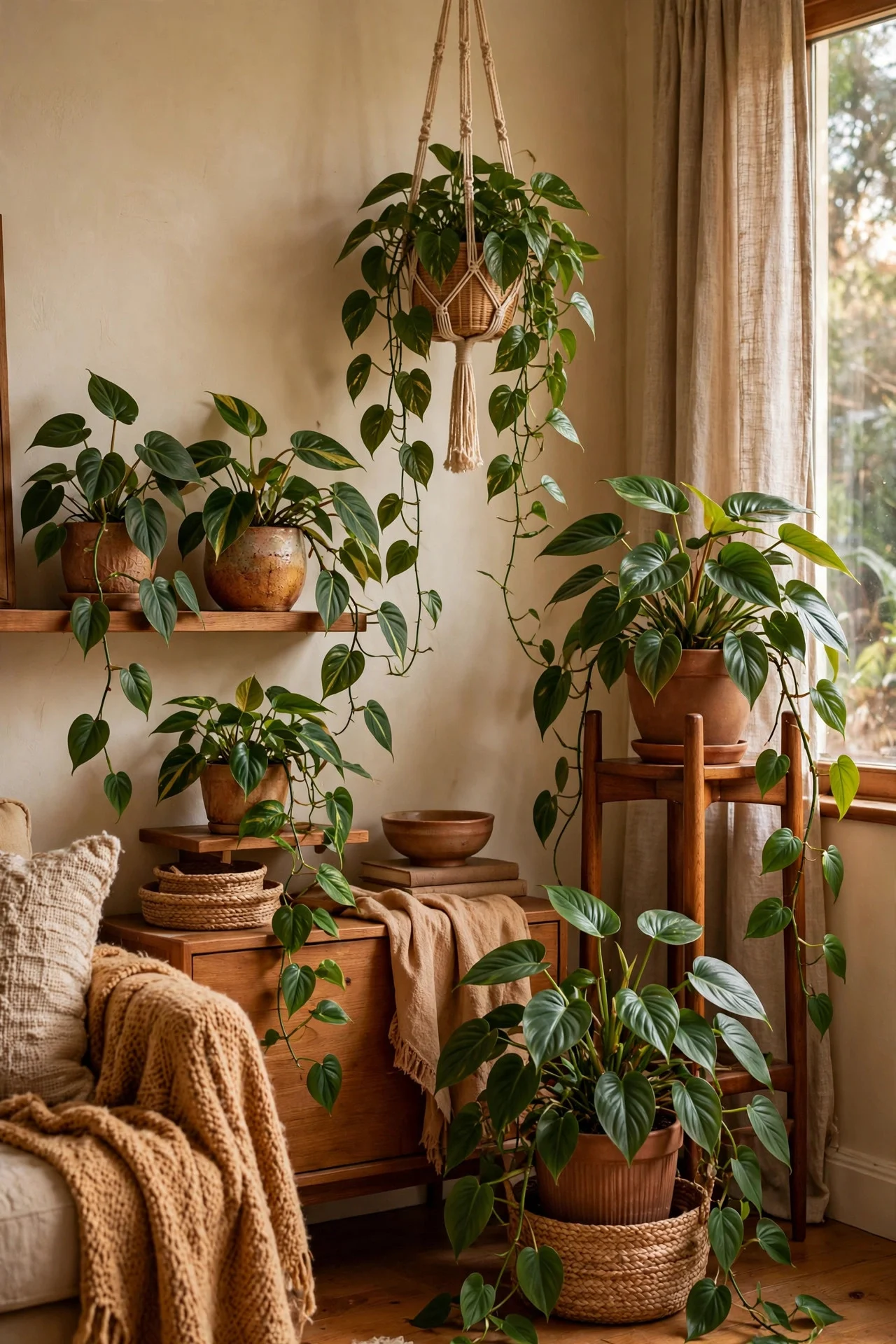 Trailing houseplants grouped in a living room