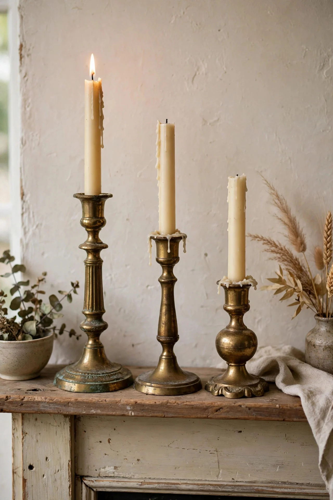 Thrifted brass candlesticks on a mantel