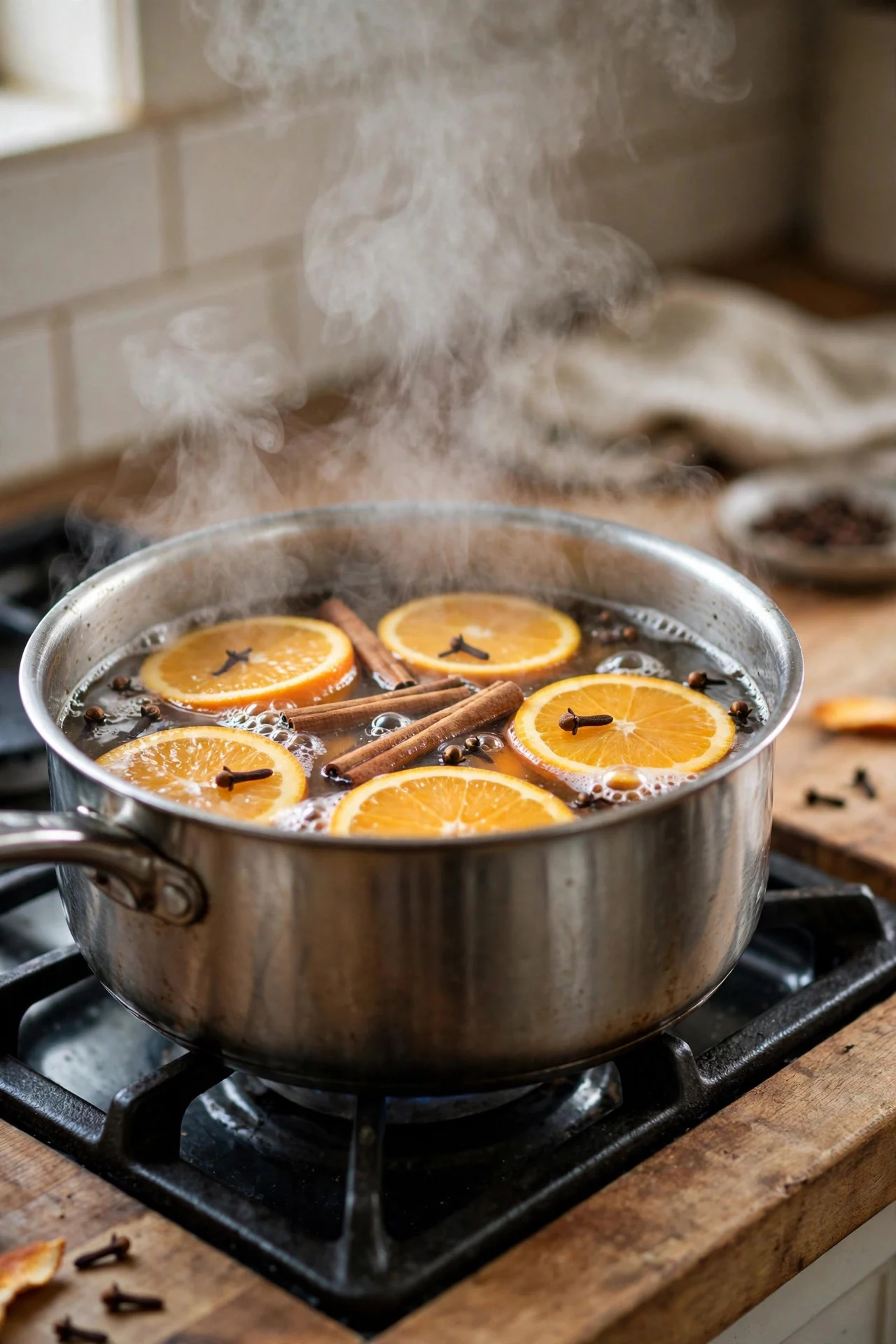 Simmer pot with spices on a stove