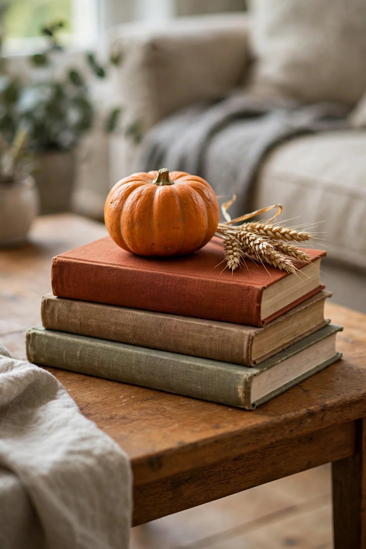 Books and pumpkin styled on a coffee table