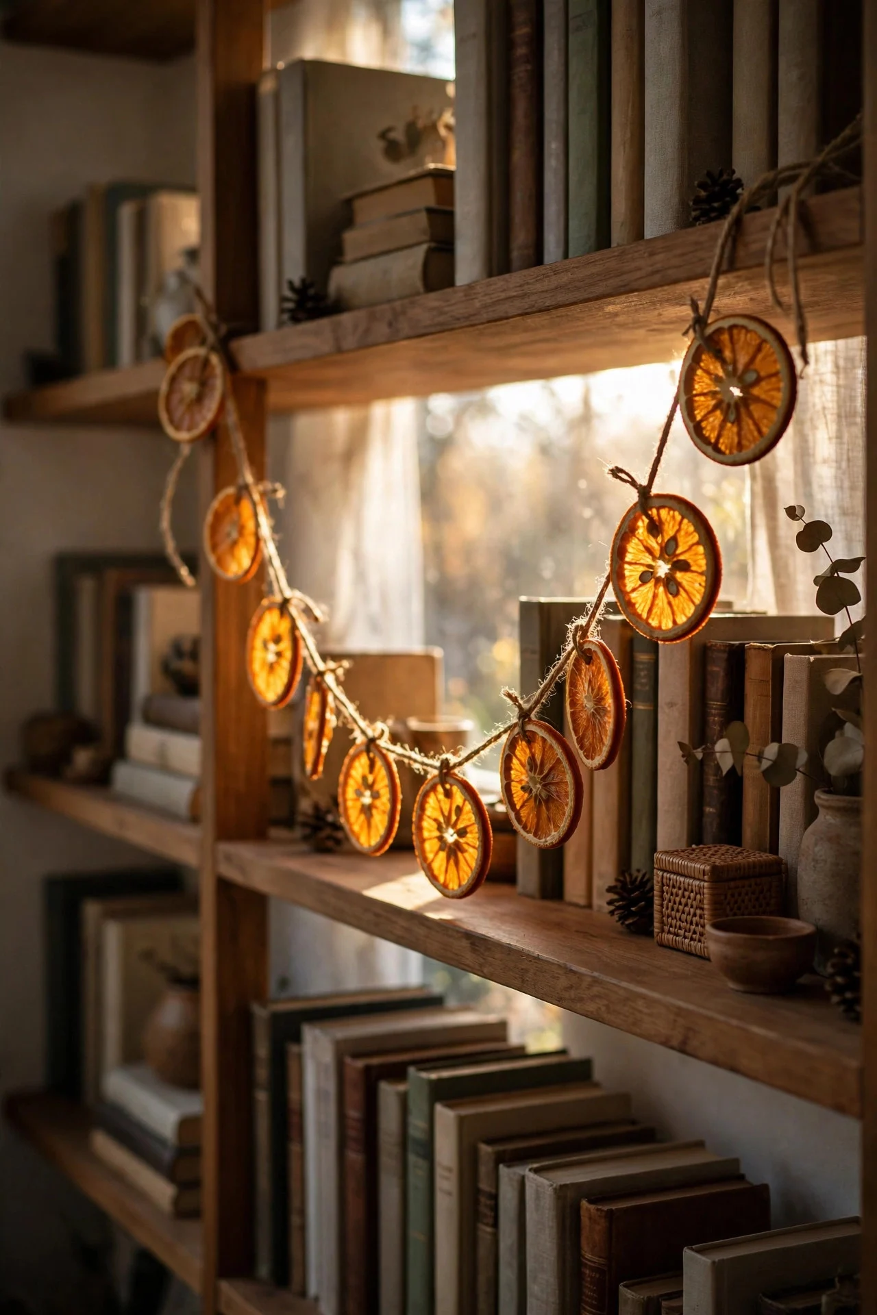 Dried orange slice garland on a bookshelf