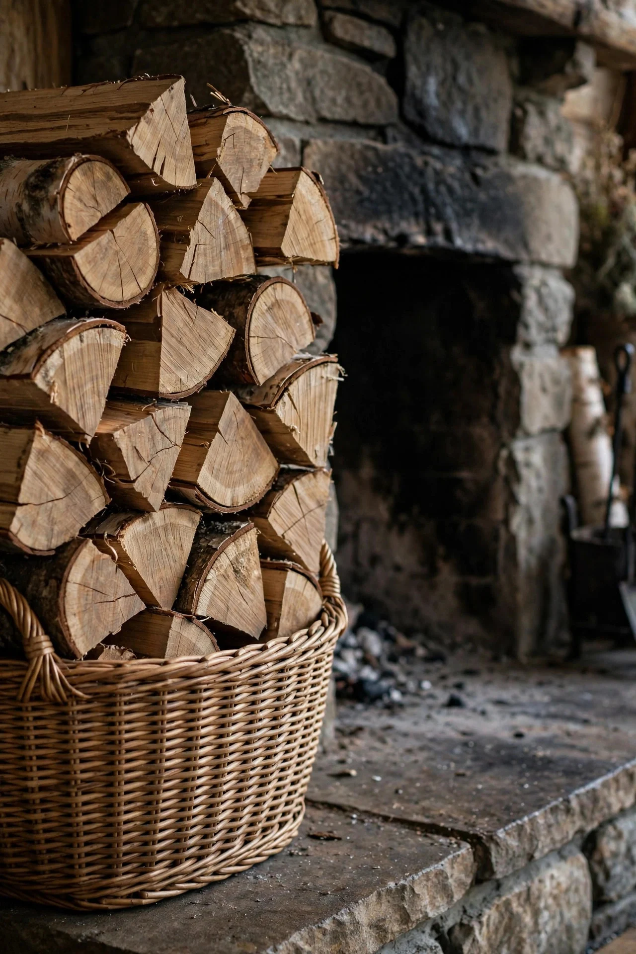 Basket of firewood beside a fireplace