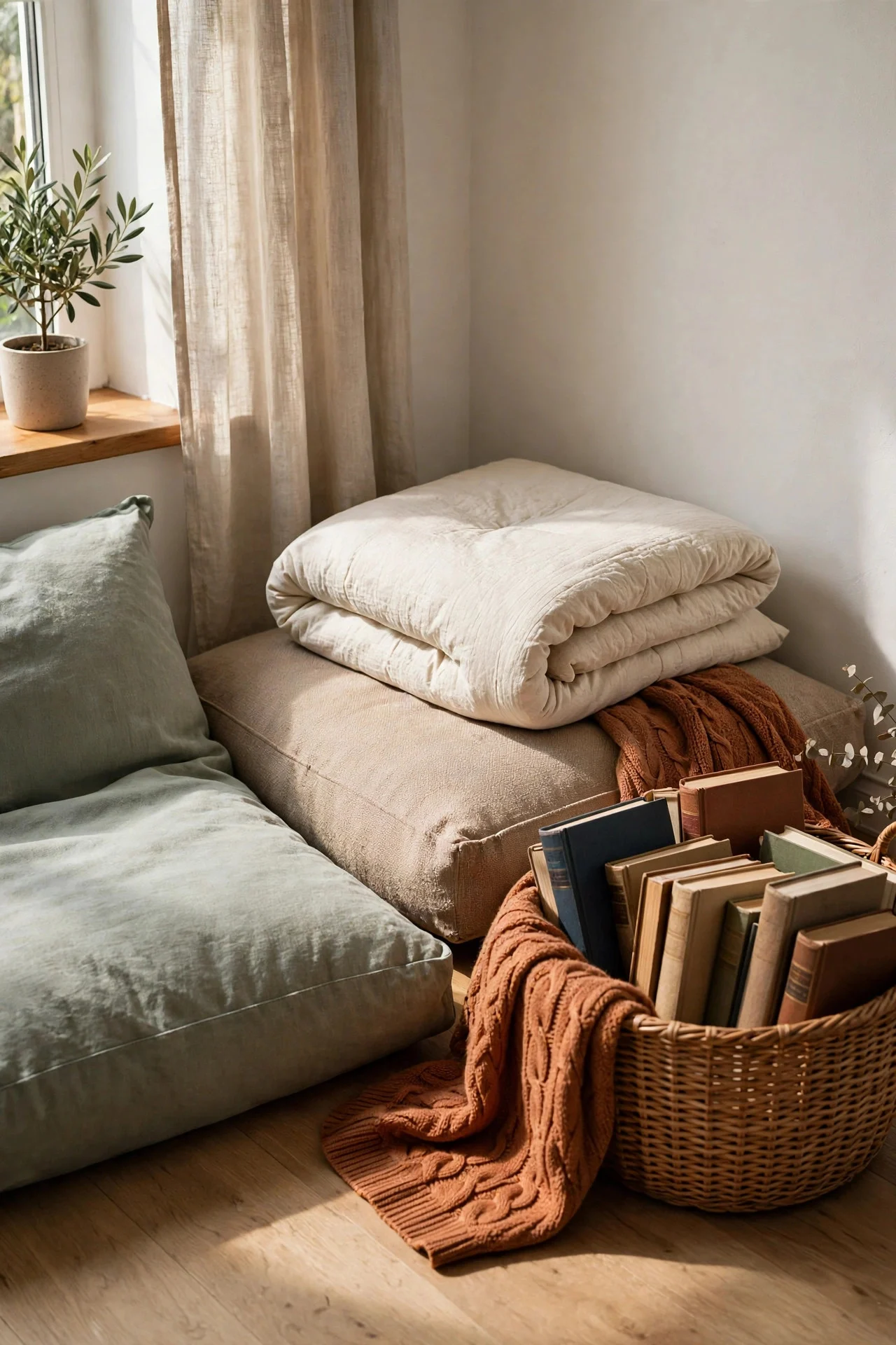 Floor cushion reading pile in a sunny corner