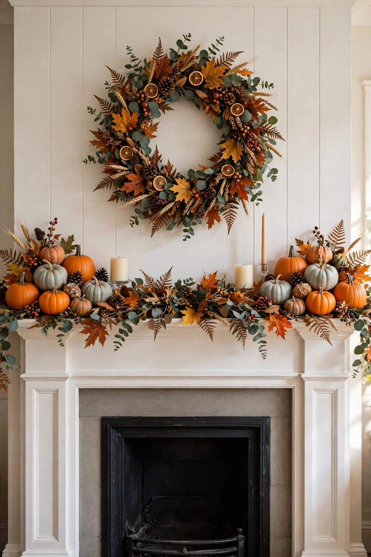Classic symmetric fall mantel with garland and pumpkins