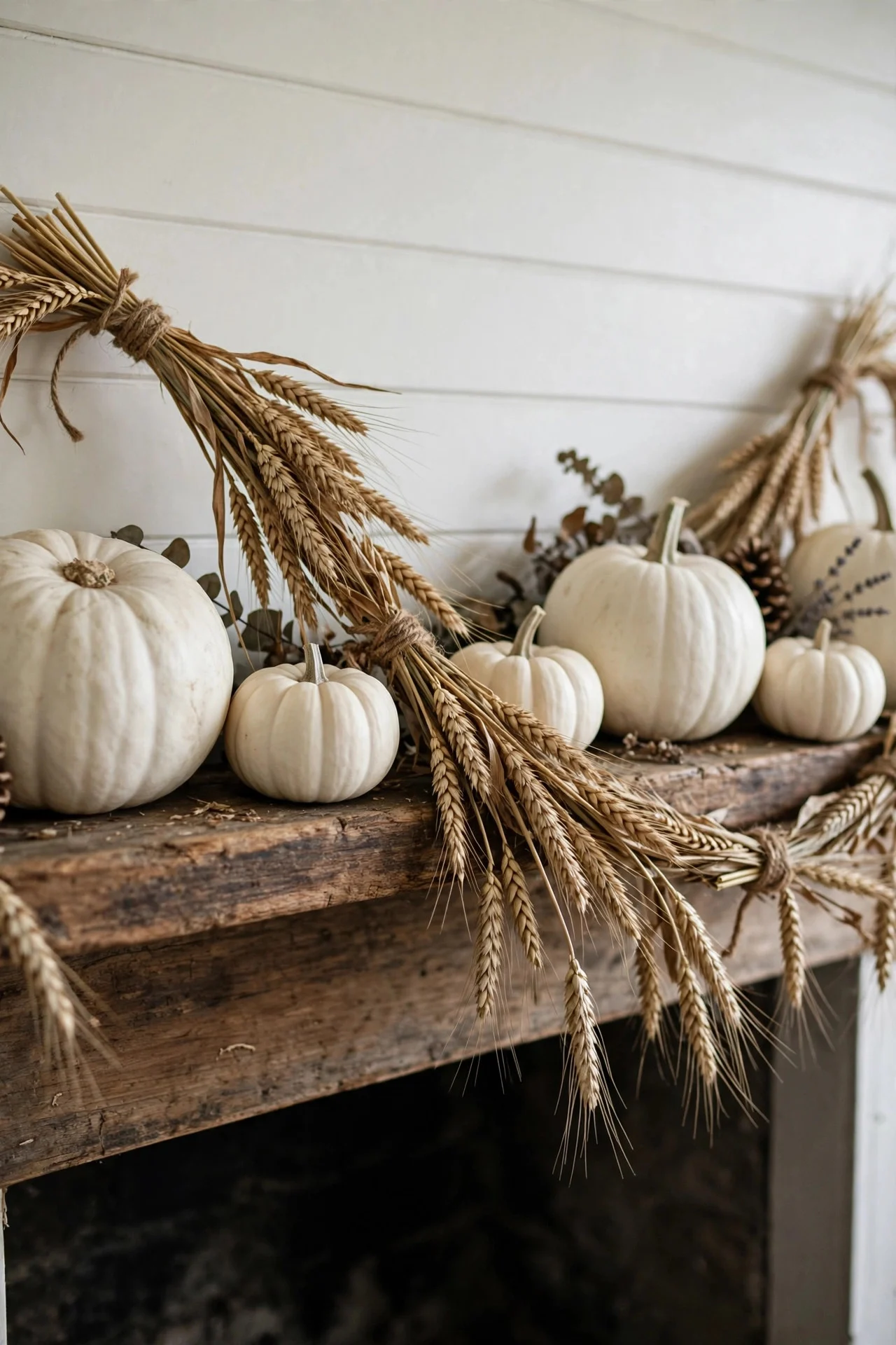 Dried wheat stalk garland on a mantel