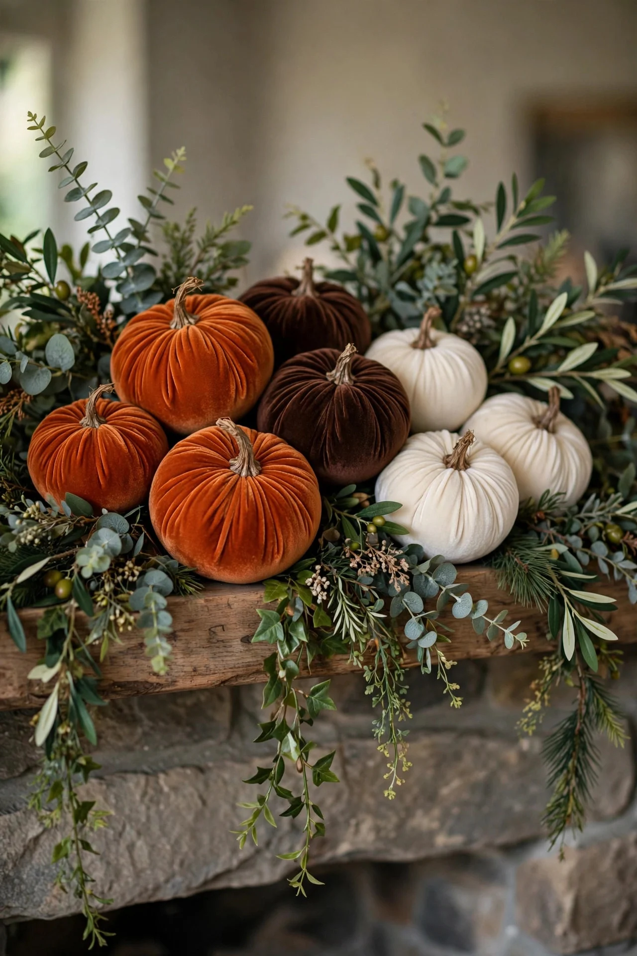 Velvet pumpkin clusters on a mantel