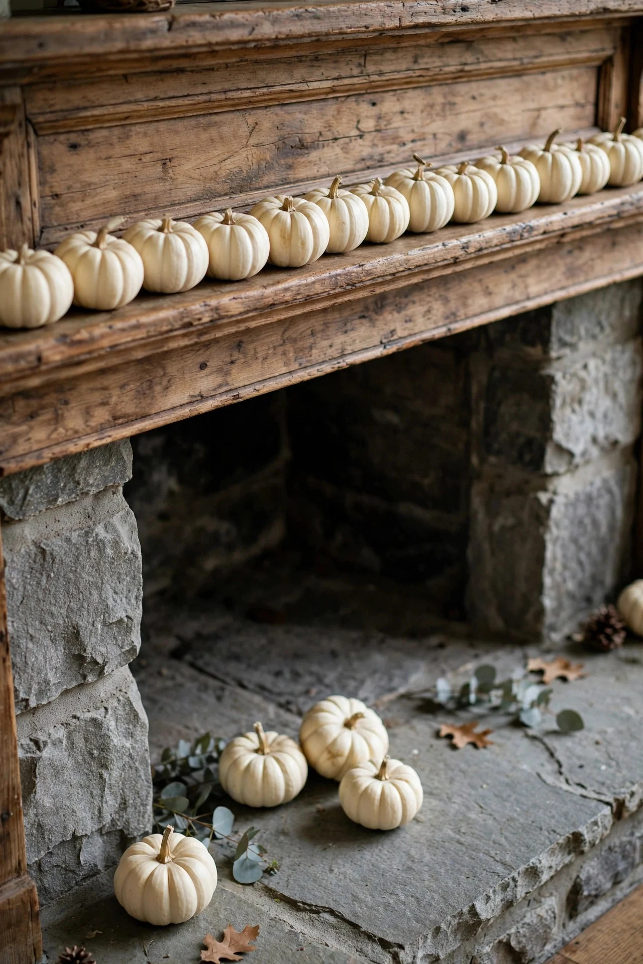 White mini pumpkin cascade on a mantel