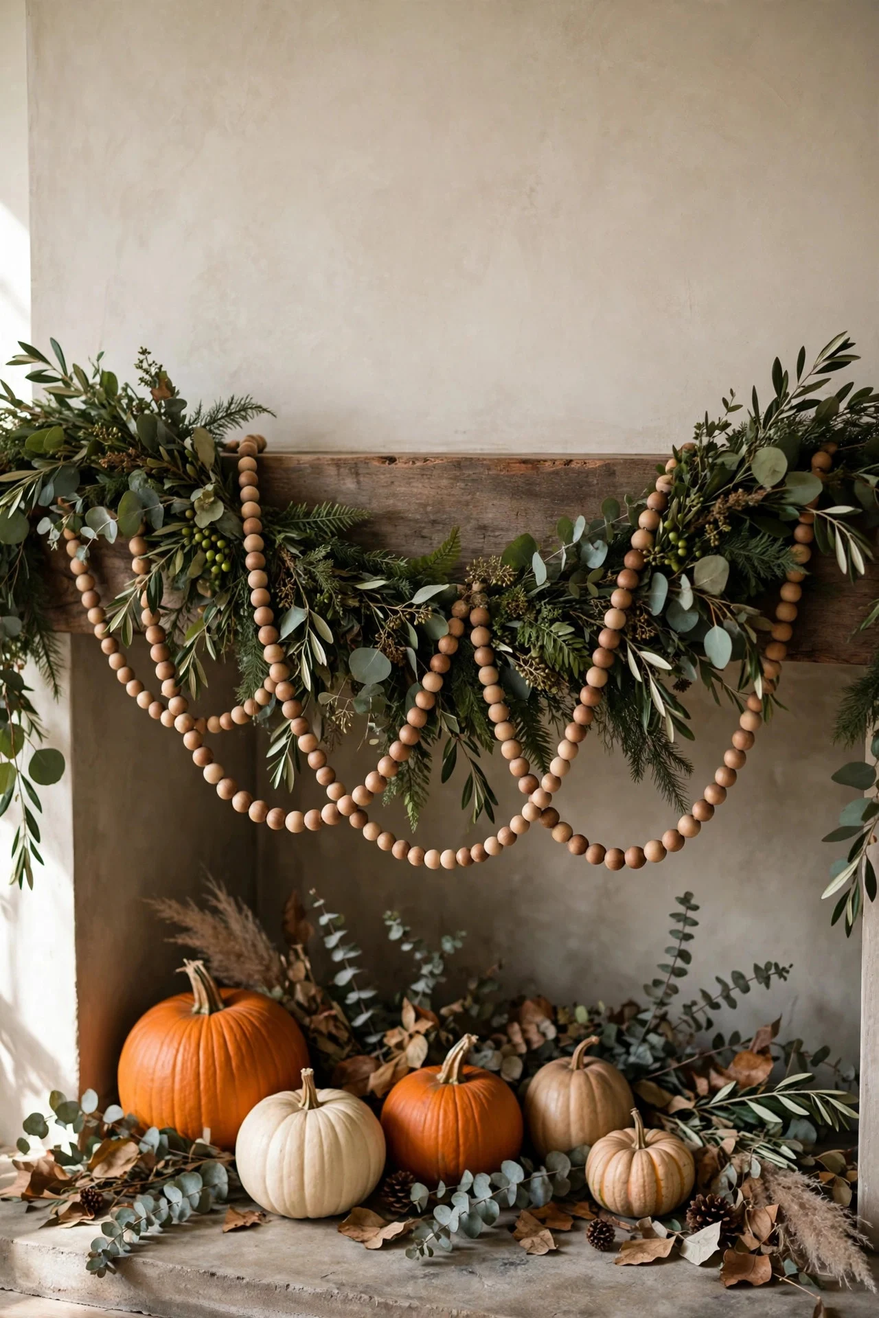 Wooden bead garland layered on a mantel