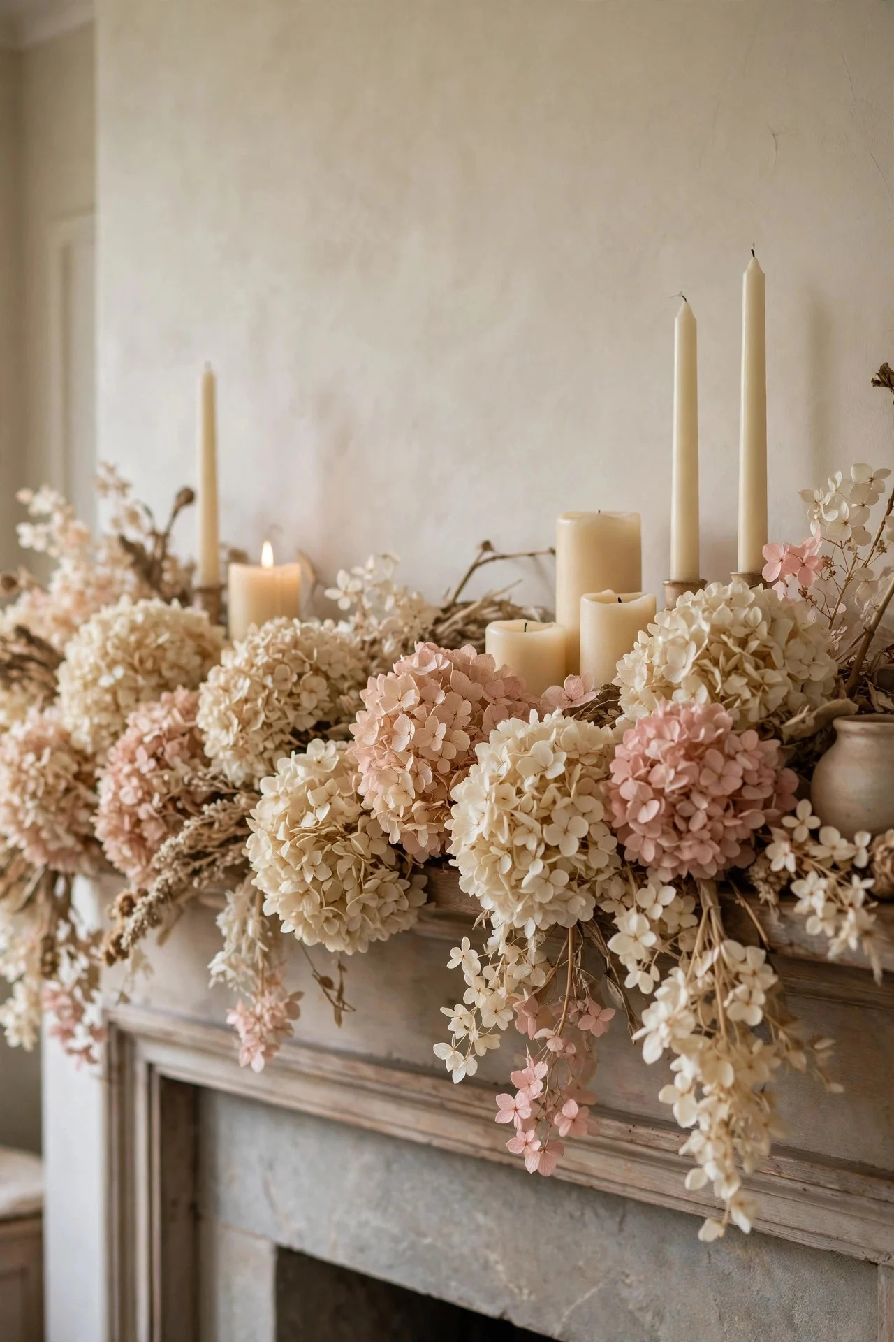 Dried hydrangea garland on a mantel