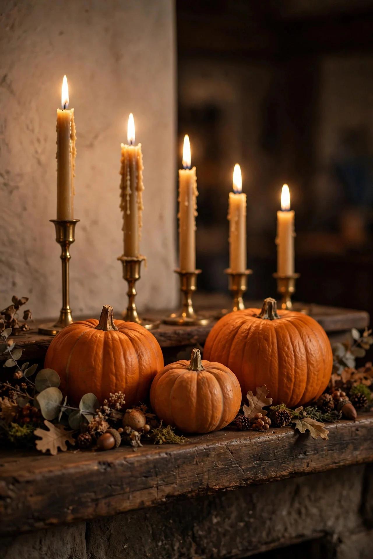Tall taper candles in varied heights on a mantel