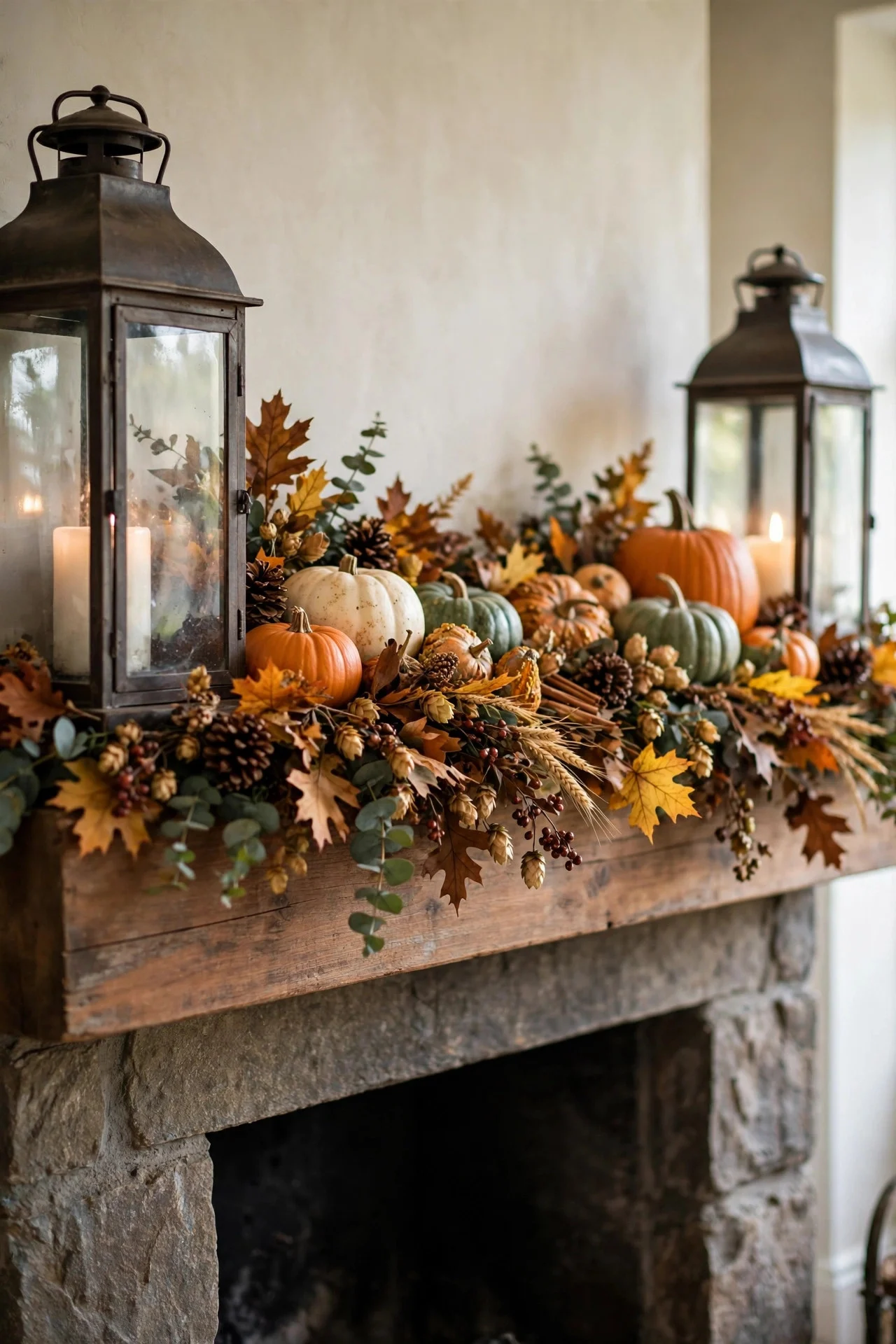 Lantern anchors at each end of a mantel