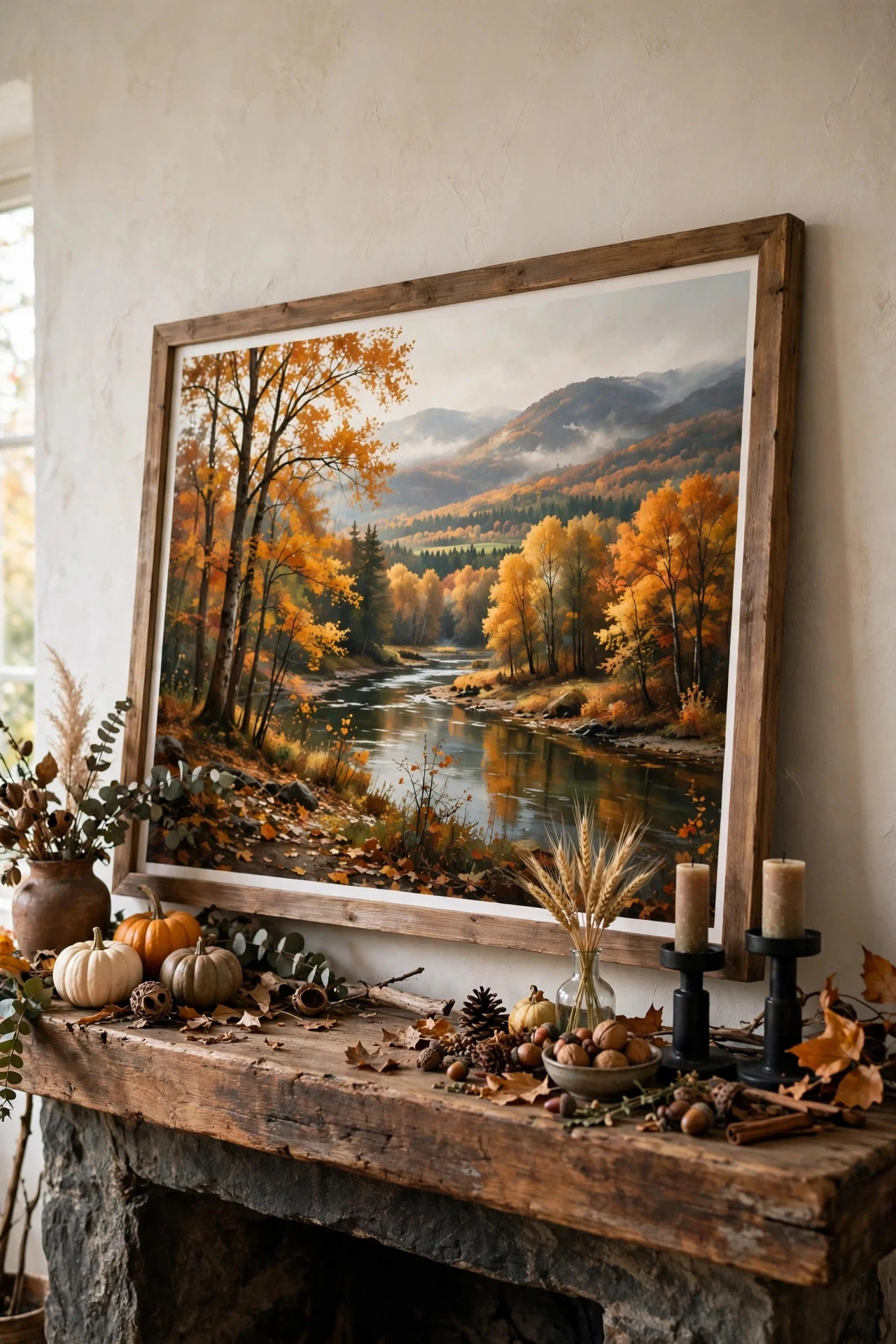 Oversized art as a mantel backdrop