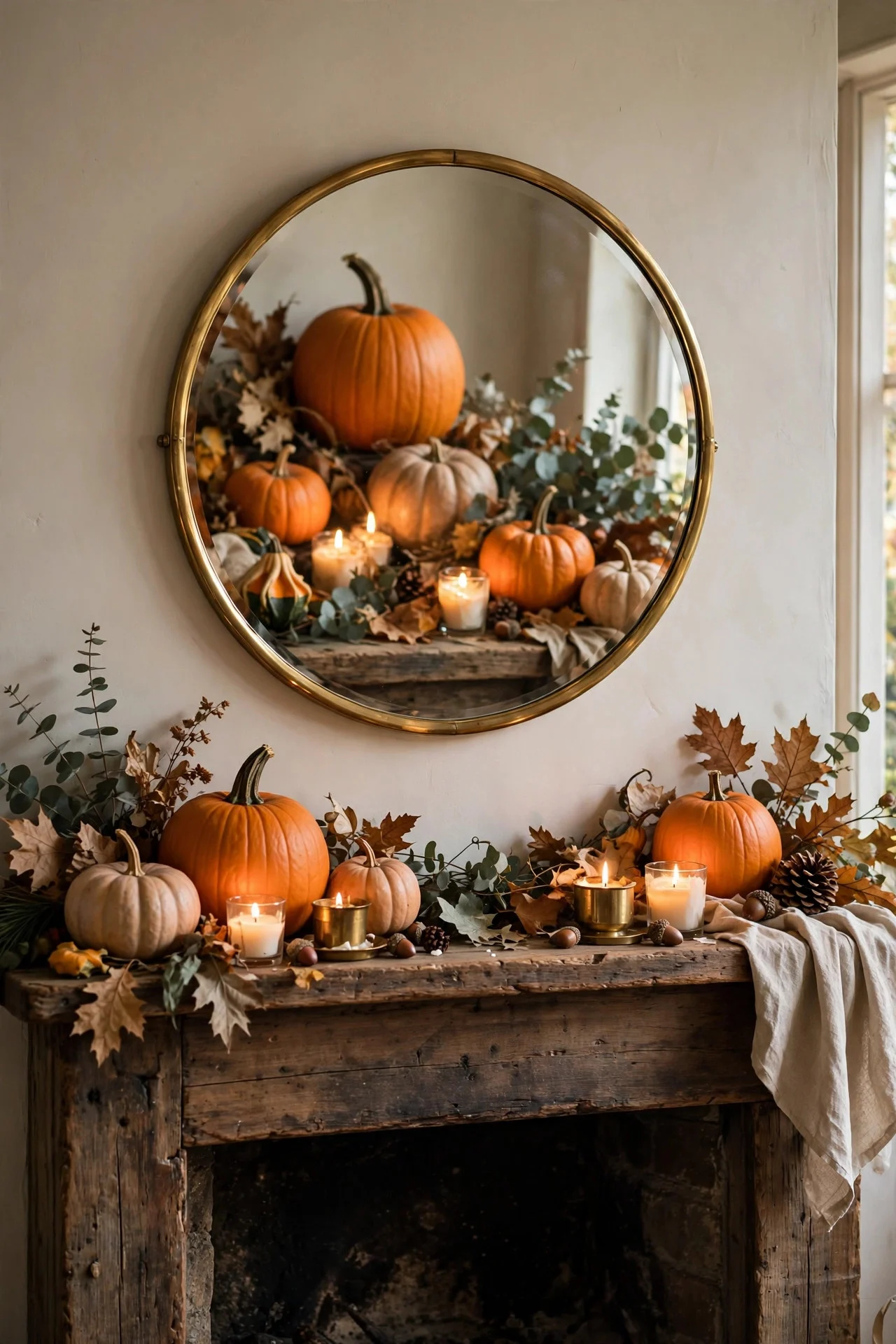 Round mirror doubling a fall mantel display
