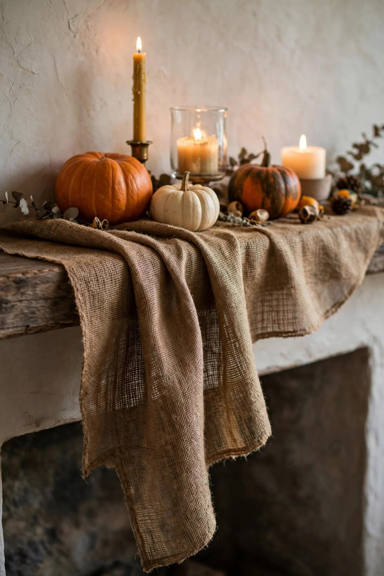 Fabric runner layered on a mantel shelf