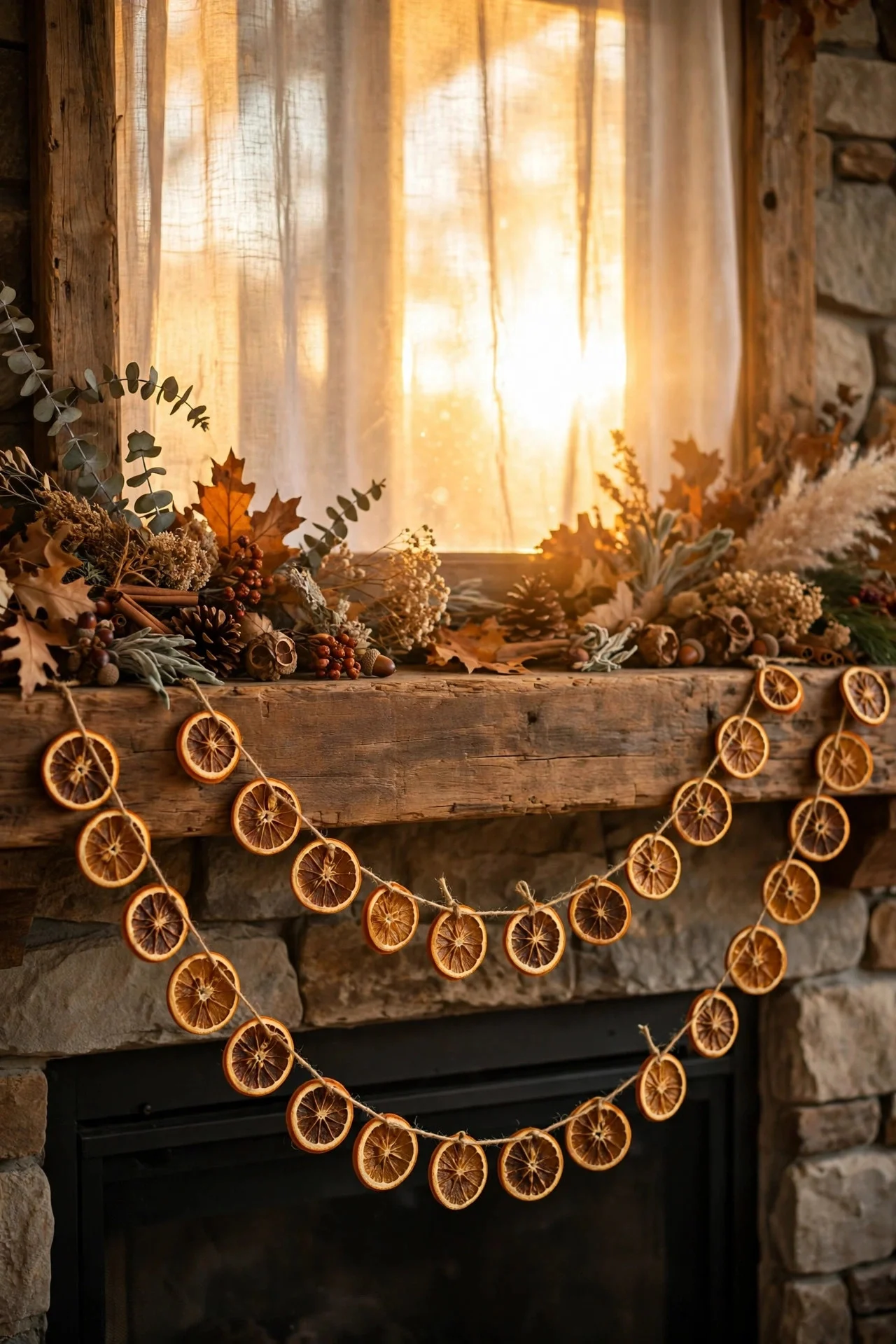 Dried orange slice garland on a mantel