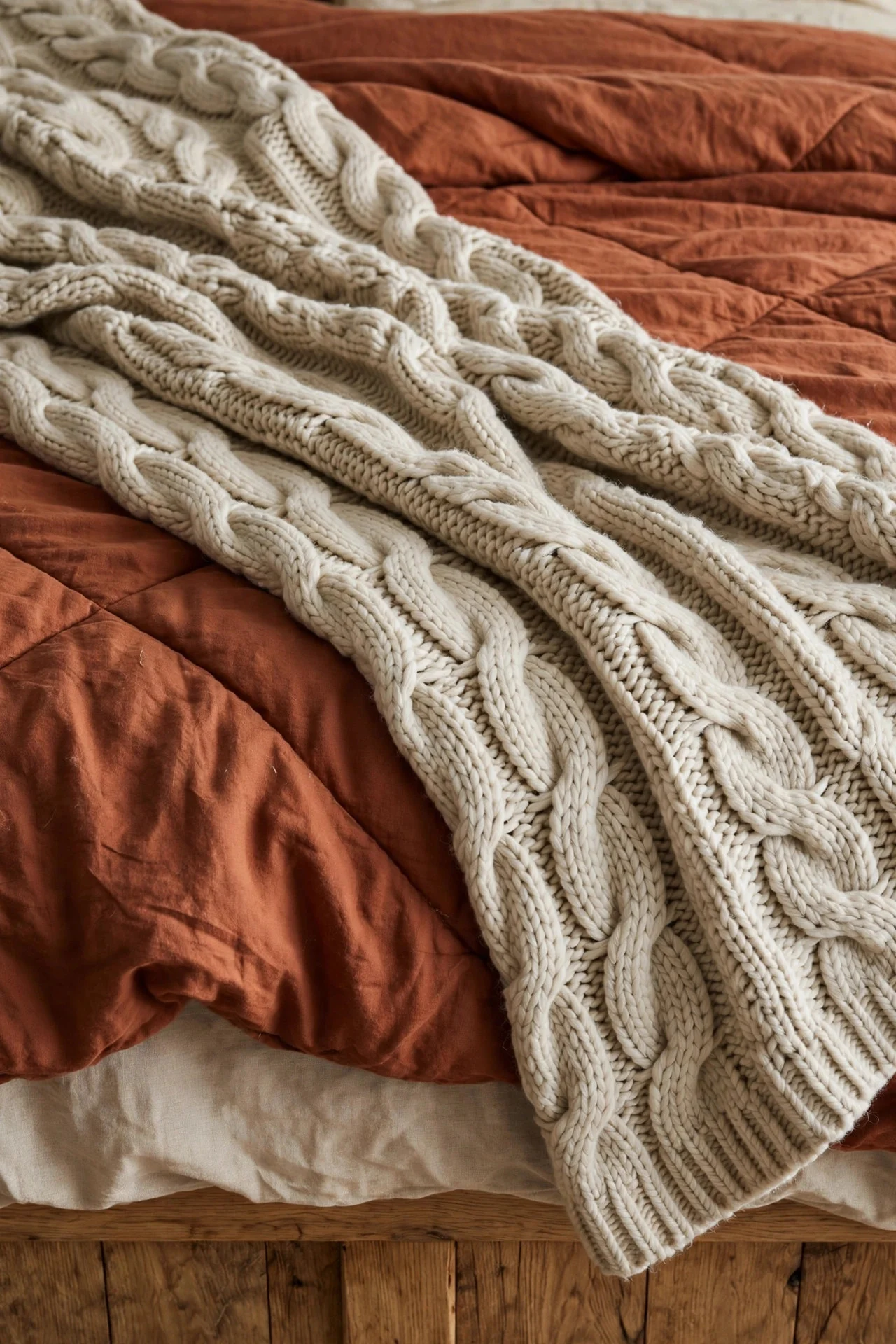 Chunky knit throw draped over a fall bed