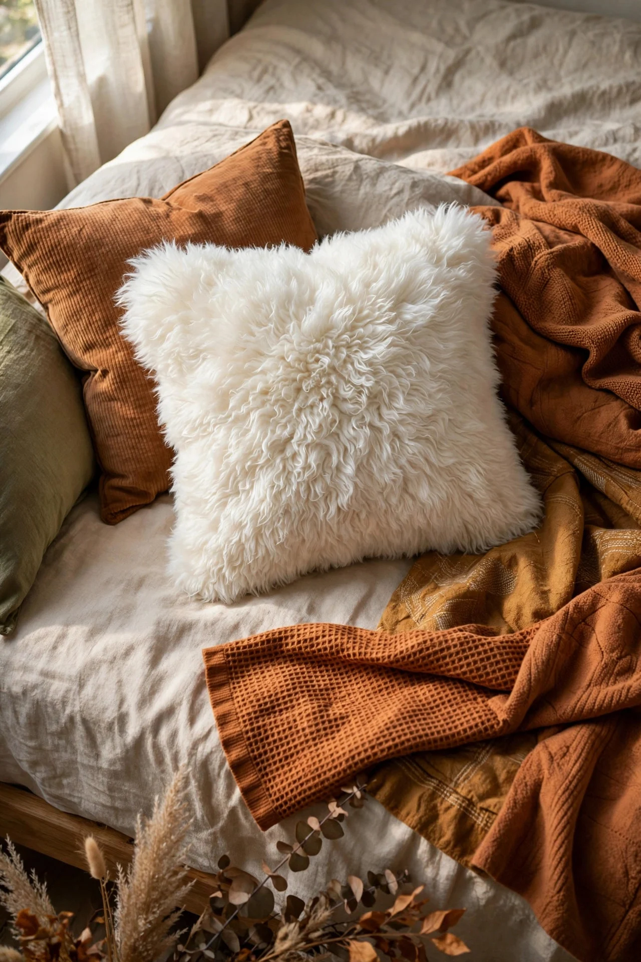 Faux fur accent pillow on fall bedding