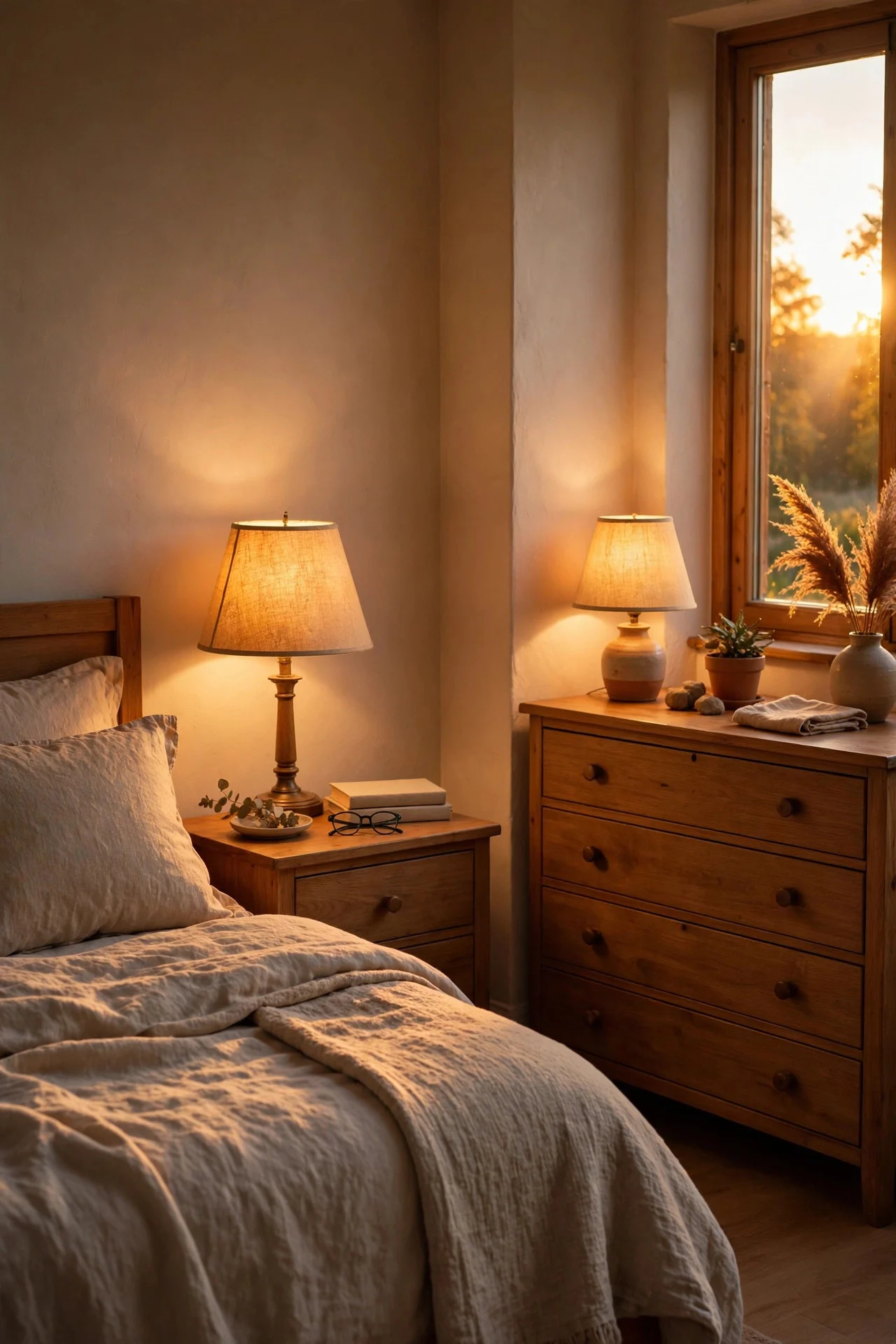 Warm bedside lamps glowing in a fall bedroom