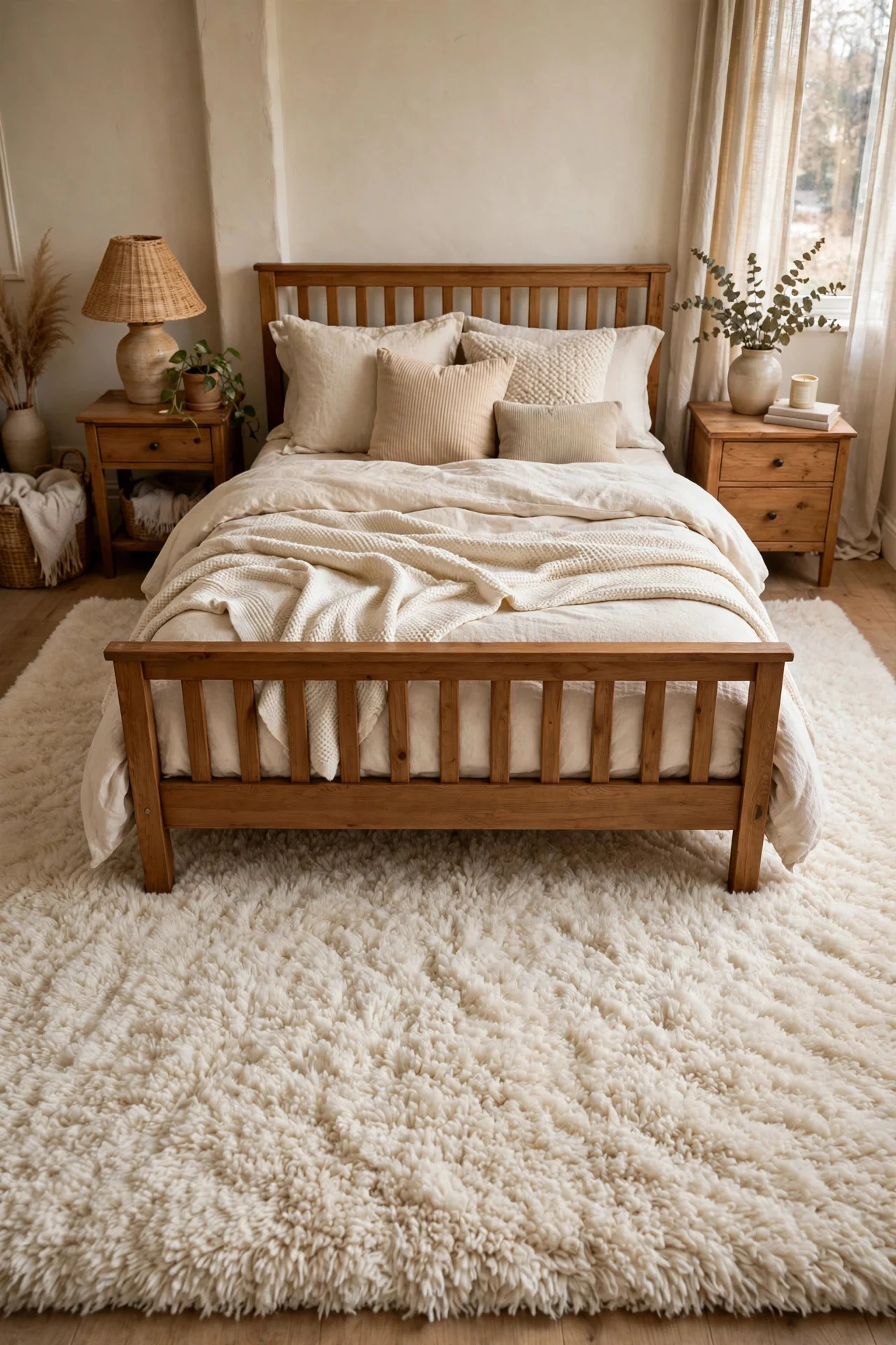 Plush area rug beside a bed in a cozy bedroom