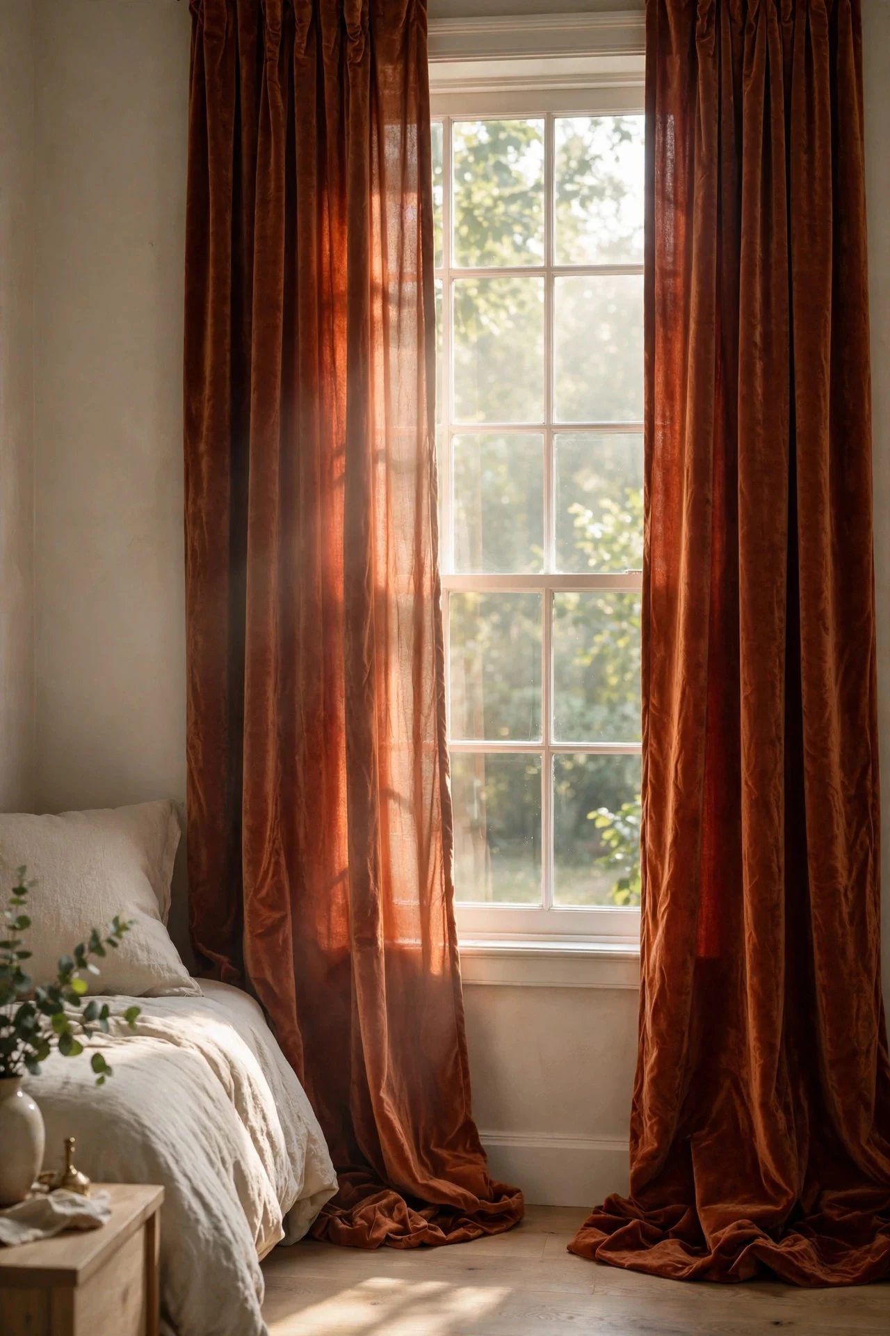 Heavy velvet curtains in a fall bedroom