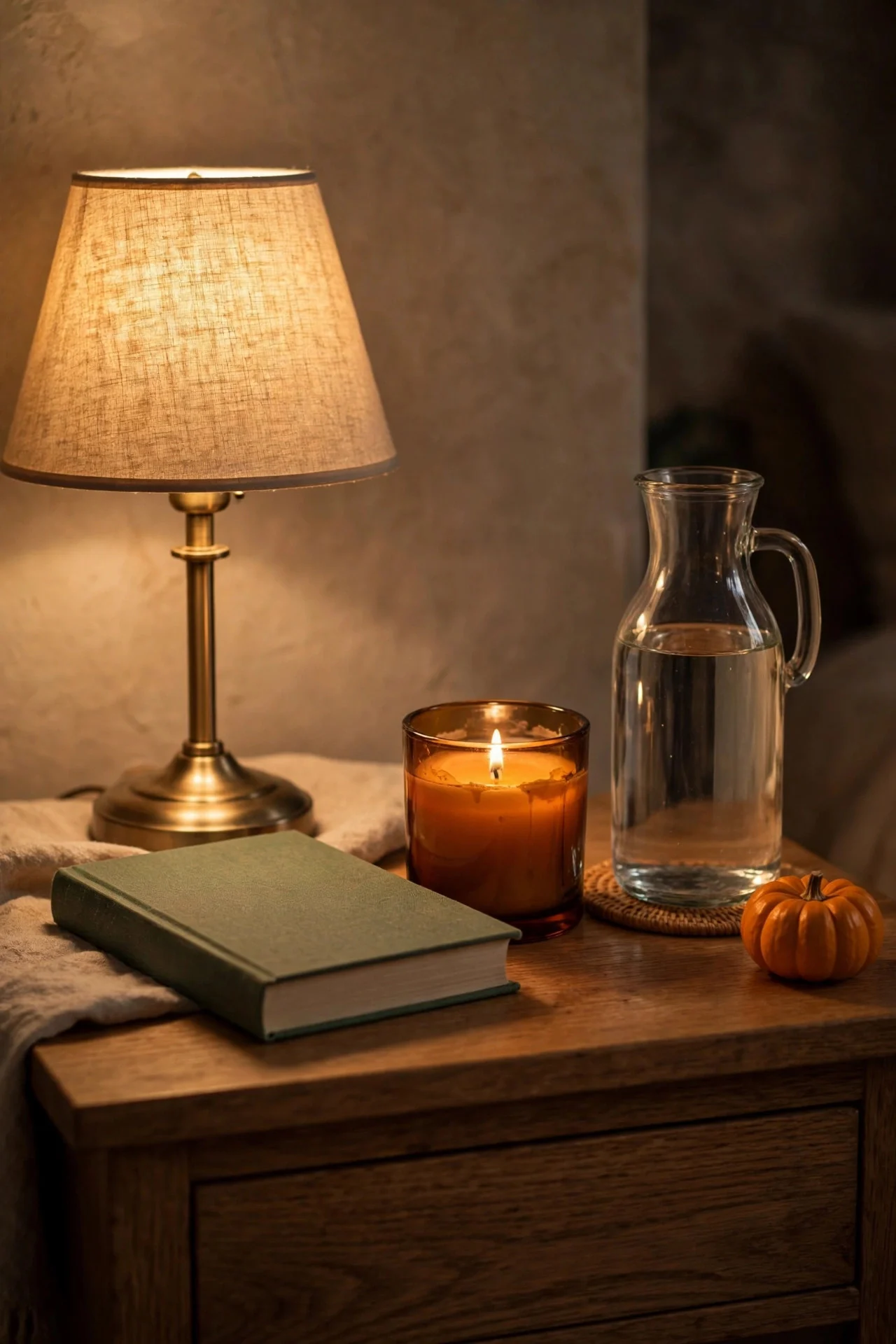 Fall nightstand vignette with candle and mini pumpkin