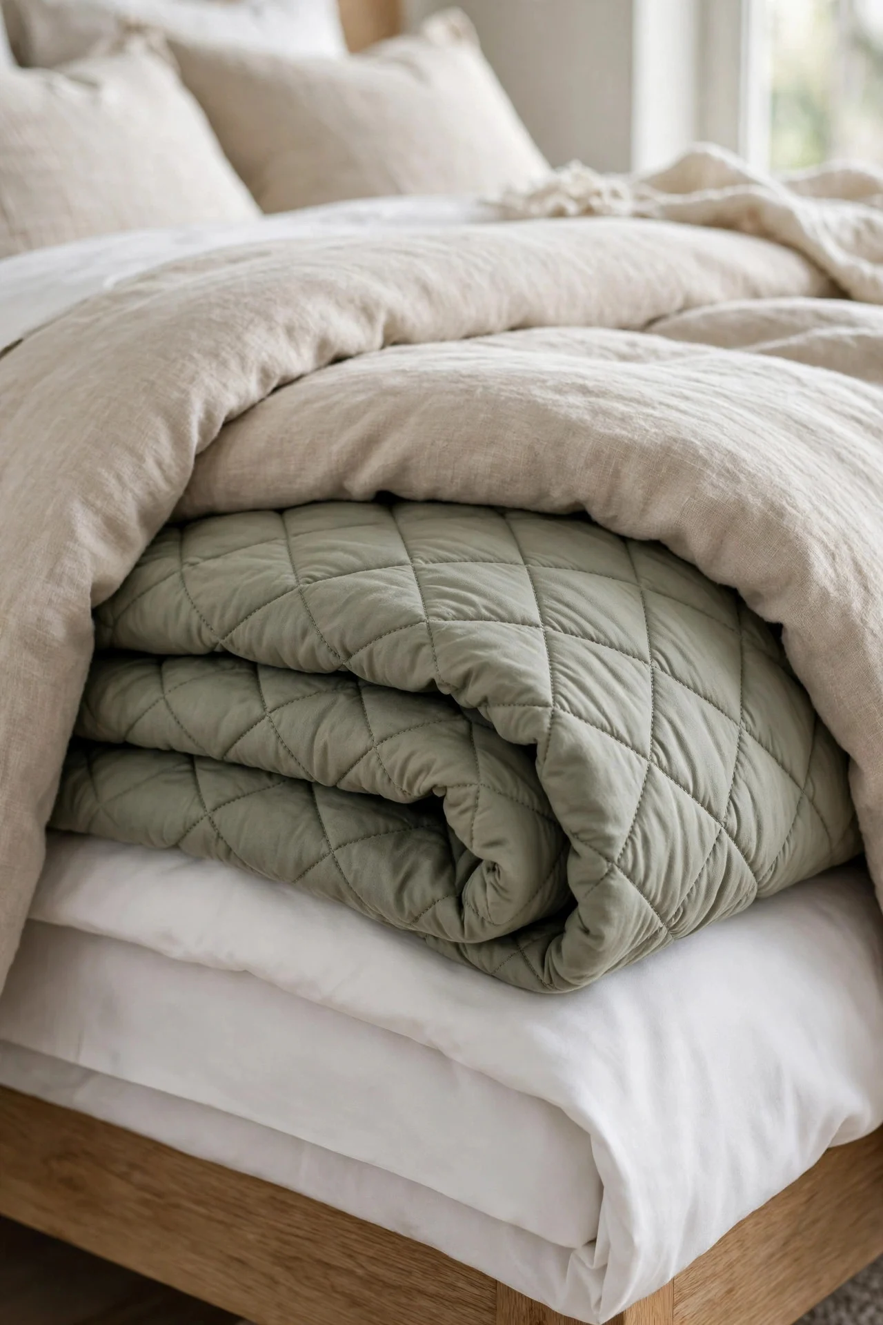 Layered quilted coverlet on a fall bed