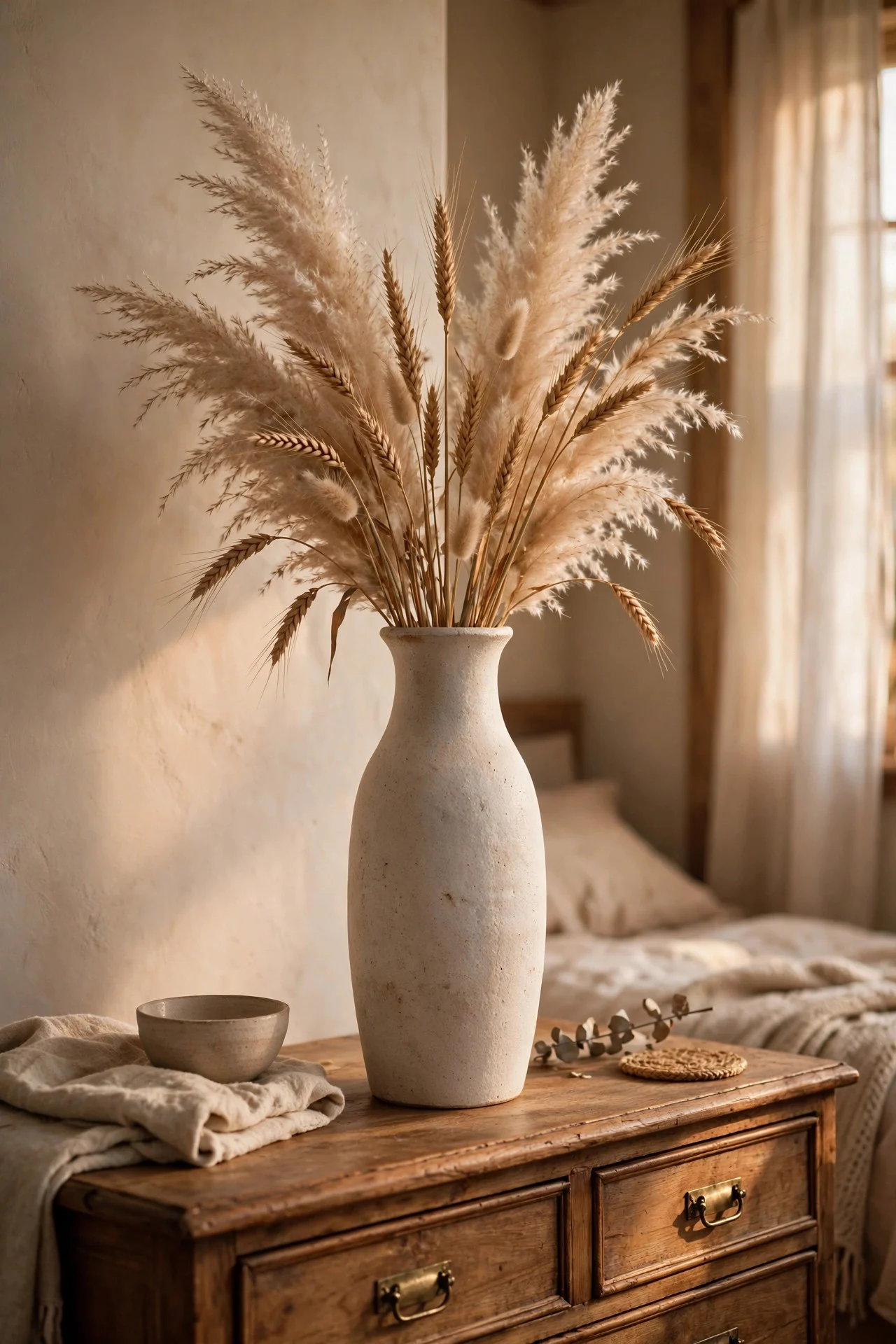 Dried wheat and pampas grass in a ceramic vase