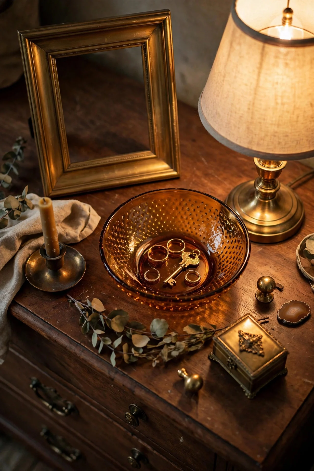 Brass and amber accents on a bedroom dresser