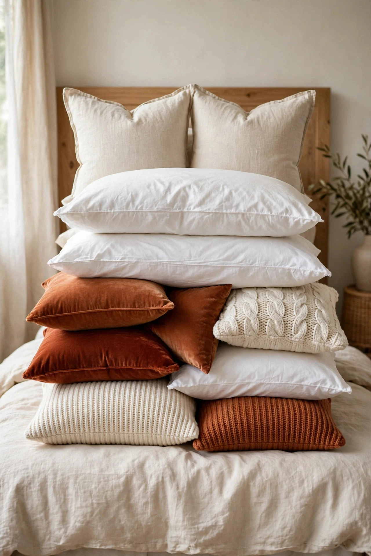 Layered pillow arrangement with velvet and knit textures