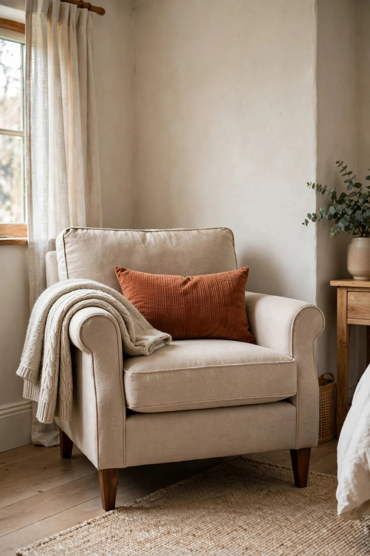 Wool throw draped over a bedroom armchair