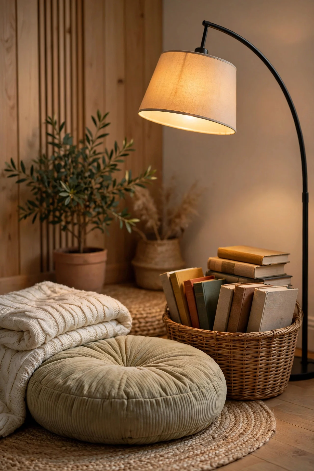 Cozy bedroom reading corner with lamp and books