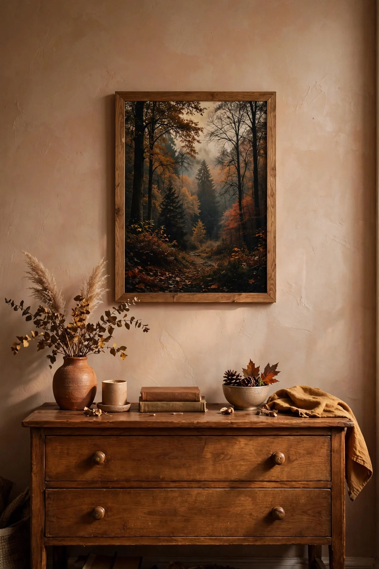 Moody autumn art print in a fall bedroom